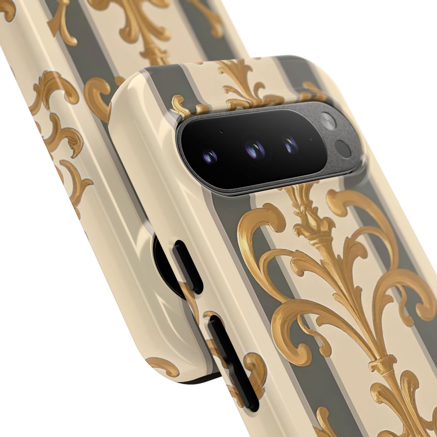 Elegant Floral Motif Phone Case - Tough Cases with Vintage Design - Dusk Olive Striped Gold Damask