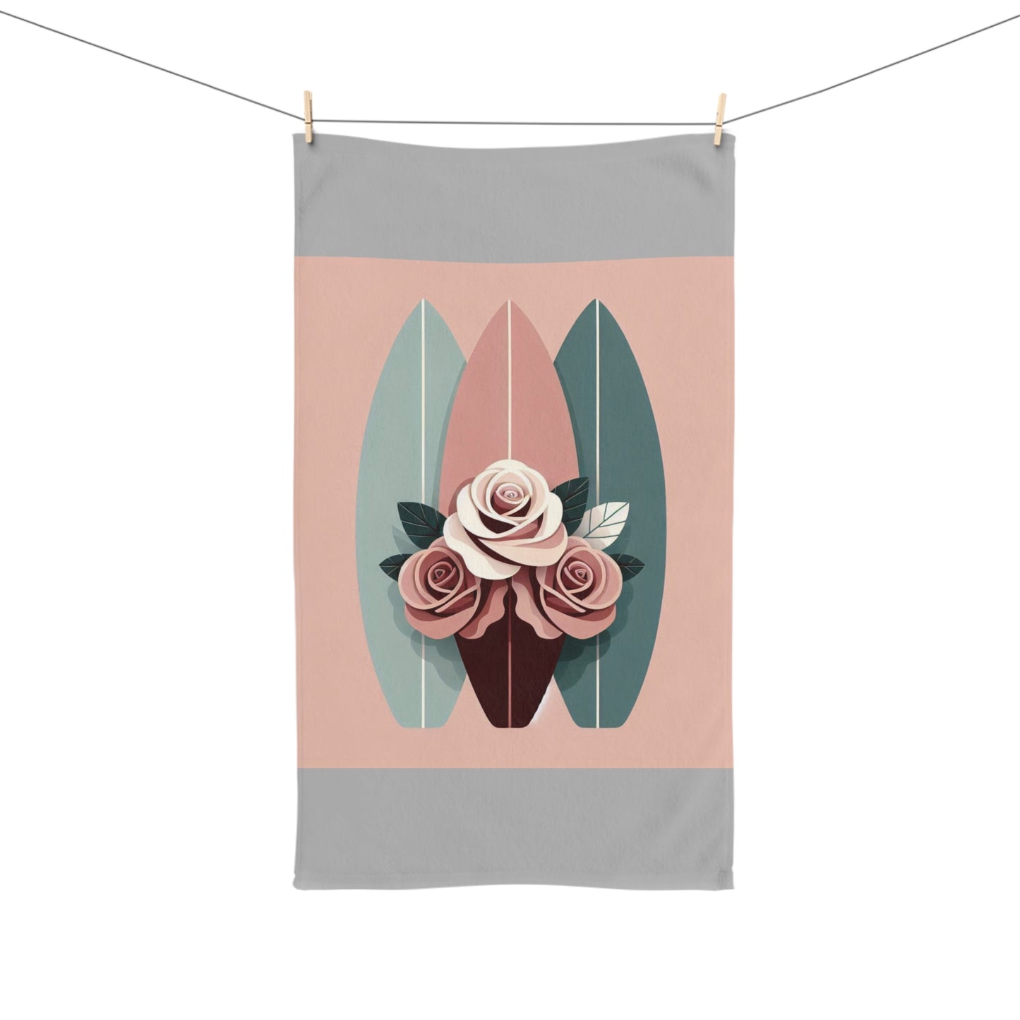 Elegant Floral Hand Towel - Roses & Surfboard Design for Home Decor & Gifts - Burgundy, Matte Mauve & Teal Surfboard & Roses