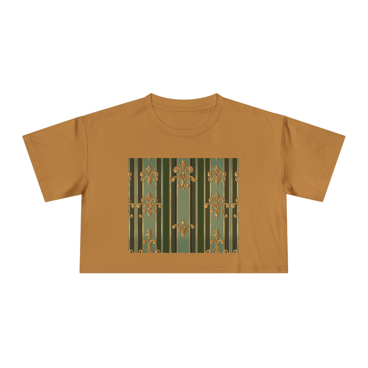 Chic Baroque Women's Crop Tee, Trendy Summer Top, Casual Outing Shirt, Stylish Layering Piece, Gift for Her - Green Striped Gold Baroque