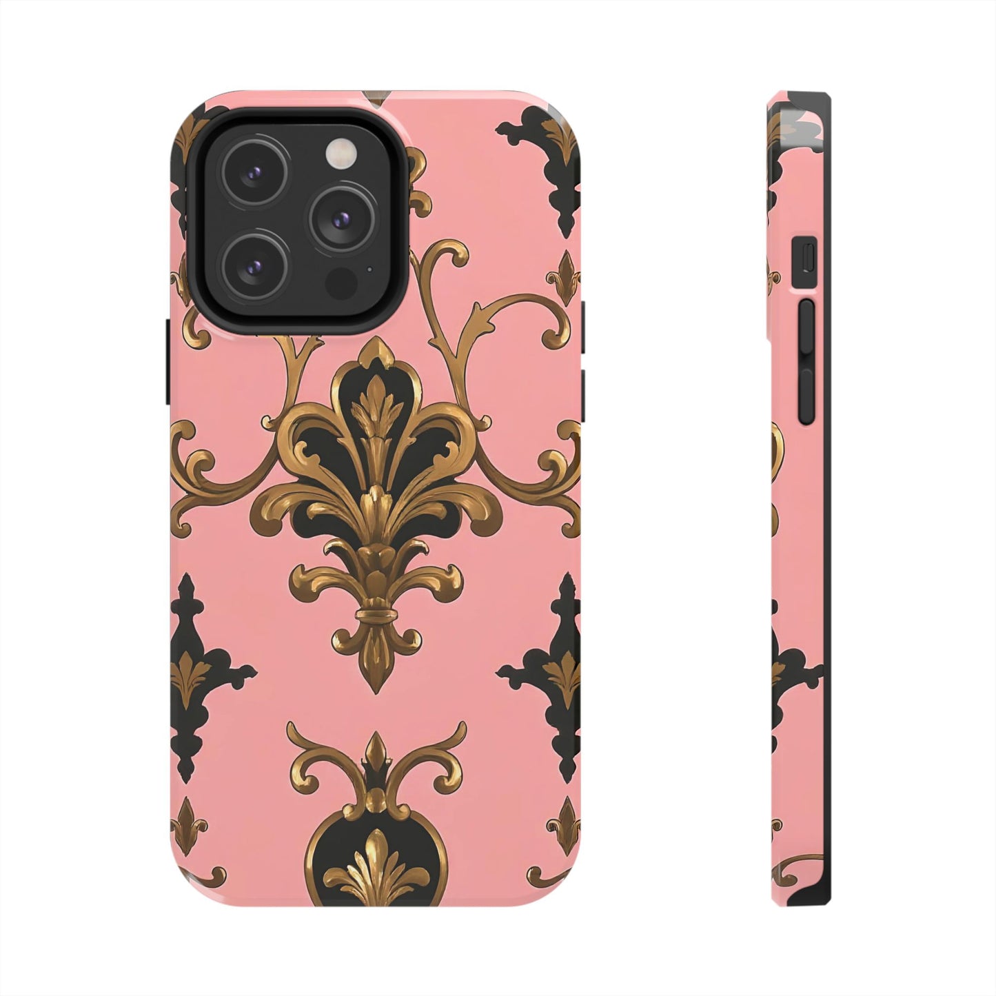 Chic Tough Phone Cases with Floral Design, Elegant Phone Cover, Durable Smartphone Case, Stylish Tech Accessory - Pink, Black & Gold Rococo