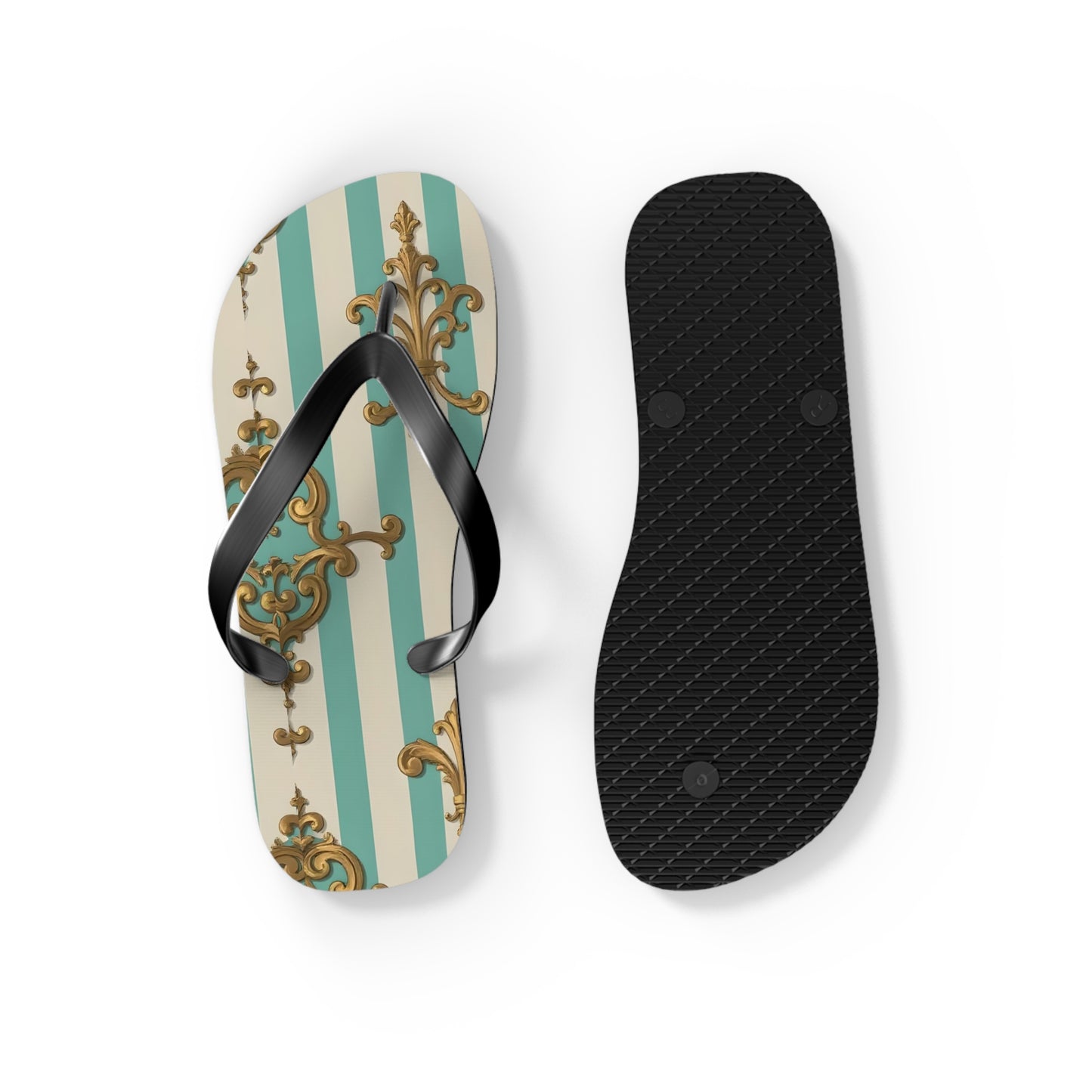 Chic Floral Flip Flops - Summer Sandals, Beach Footwear, Vacation Ready, Boho Style, Gift for Her - Matte Green Striped Rococo
