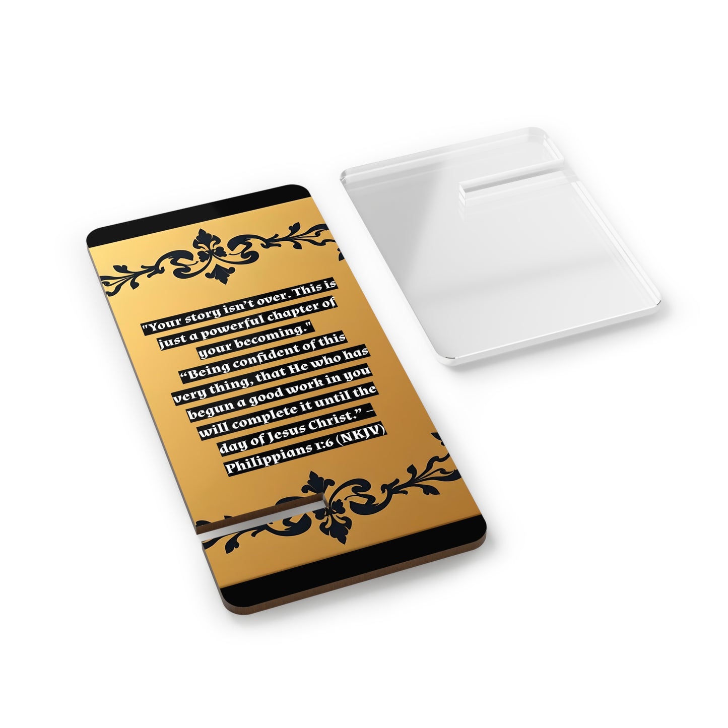 Smartphone Stand - Elegant Floral Gold Damask - Positive Affirmation 'Your story isn't over'