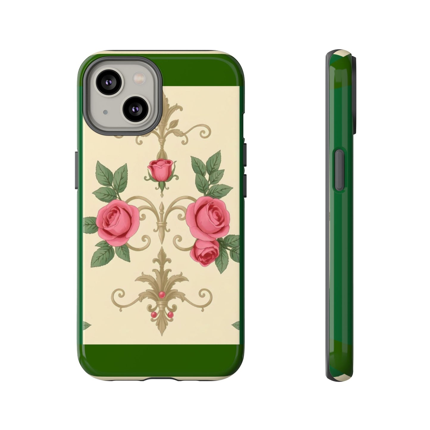 Elegant Floral Motif Phone Case - Tough Cases with Vintage Design - Green Border Roses & Damask