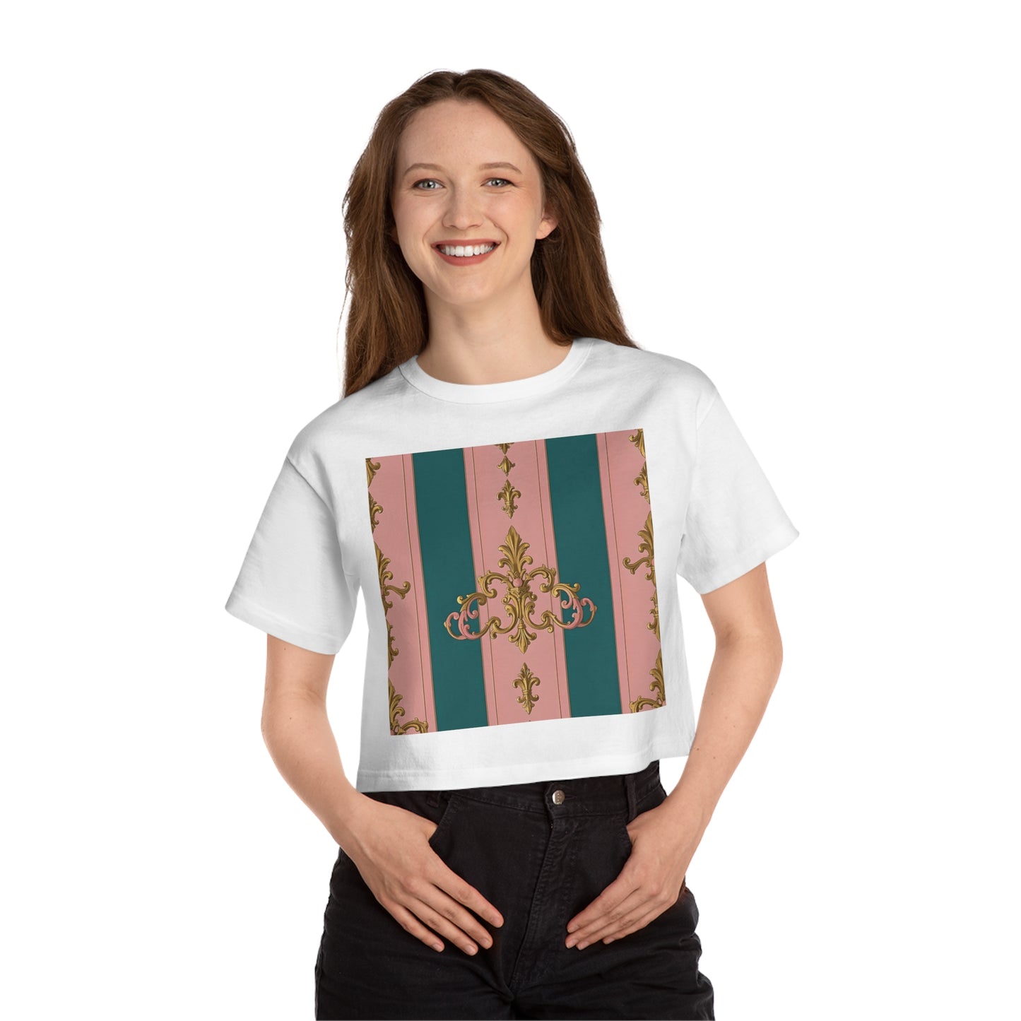 Heritage Cropped T-Shirt with Elegant Floral Design, Casual Wear, Summer Fashion, Vintage Style, Gift for Her - Pink & Teal Striped Gold Baroque
