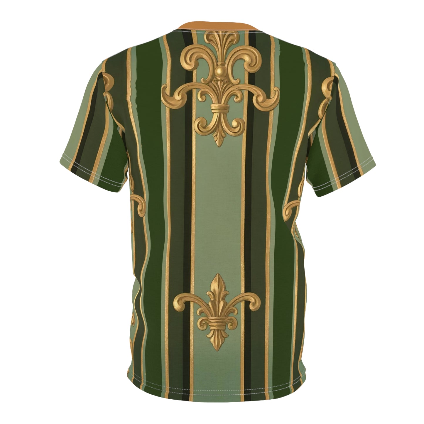 Elegant Striped Unisex Tee, Chic Casual Wear, Stylish Everyday Outfit, Unique Gift for Fashion Lovers - Green Striped Gold Baroque