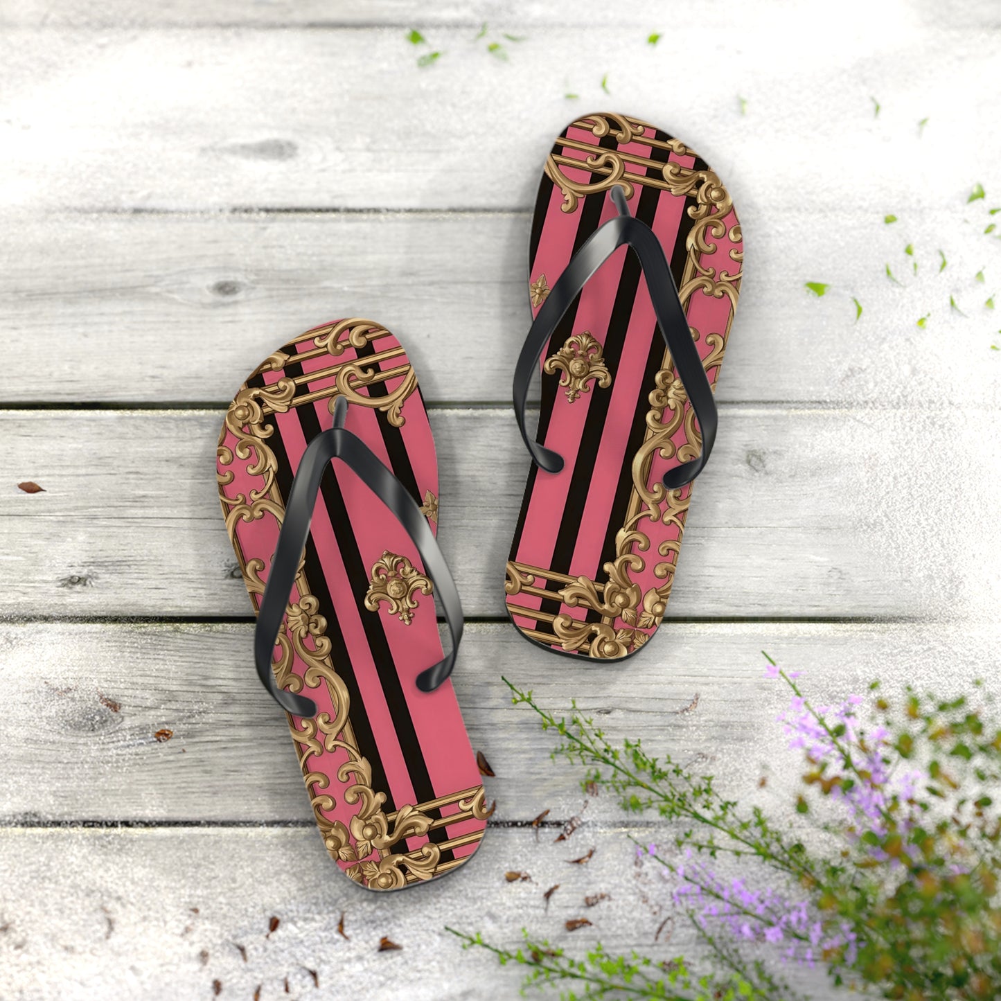Chic Flip Flops, Stylish Summer Sandals, Beachwear, Poolside Accessories, Vacation Footwear, Trendy Casual Shoes - Pink Striped Gold Rococo
