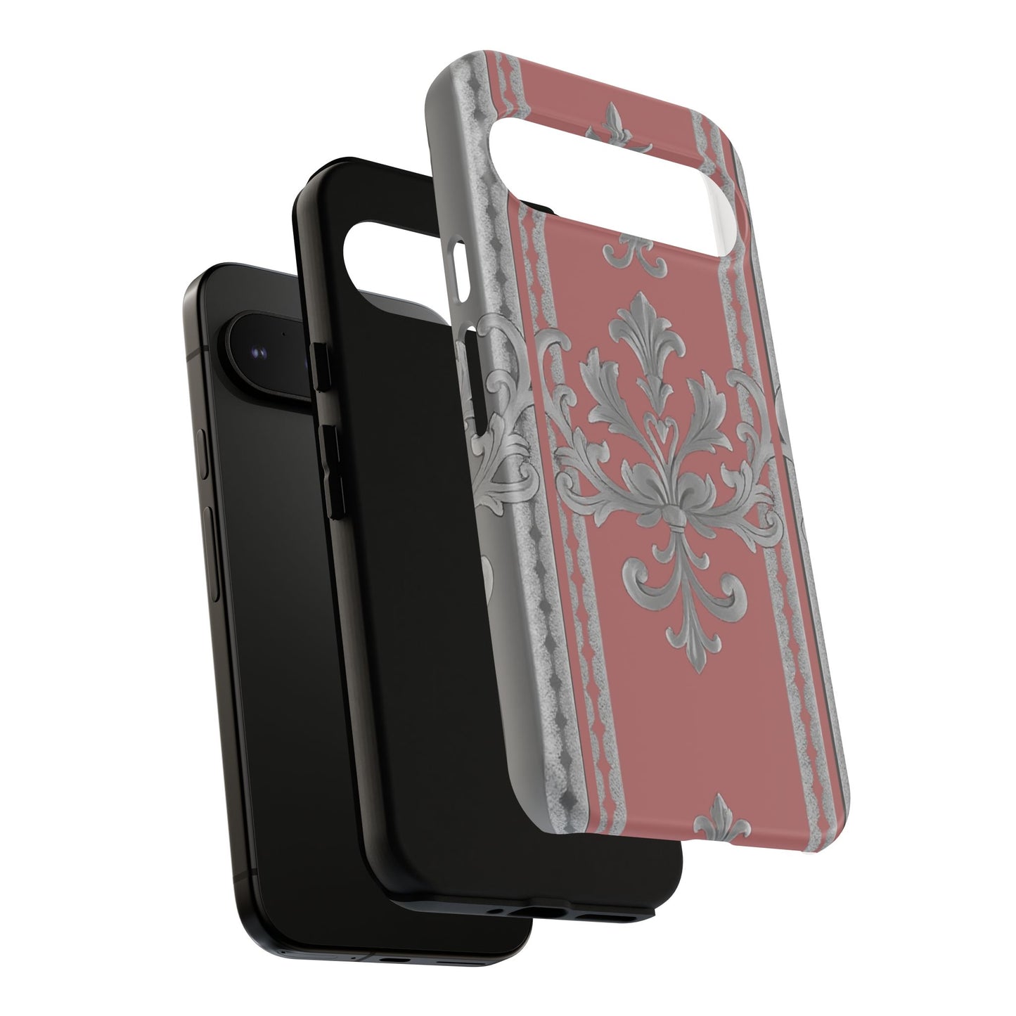 Elegant Floral Phone Case - Tough Cases for Stylish Protection - Gray & Mauve Striped Baroque