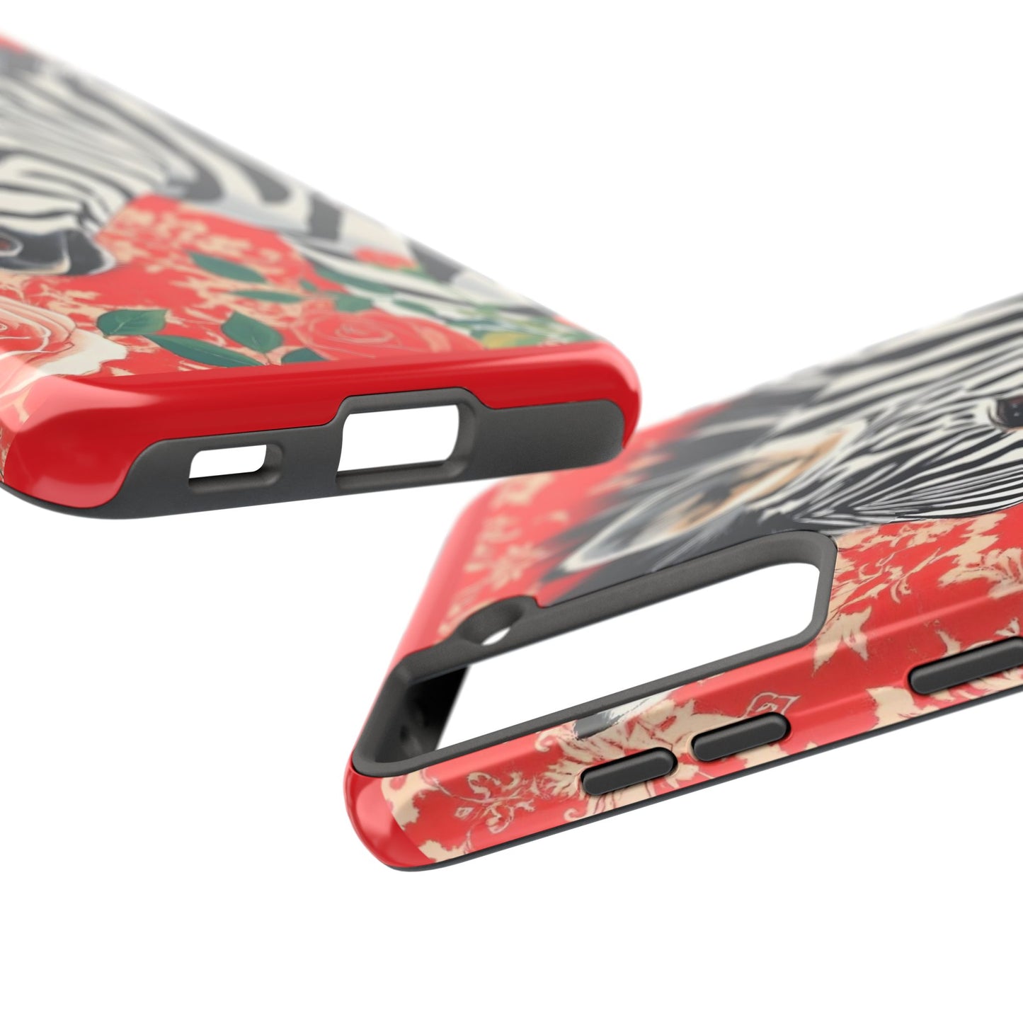 Zebra Tough Phone Case - Trendy Floral Design for Animal Lovers - Zebra With Coral Roses & Damask
