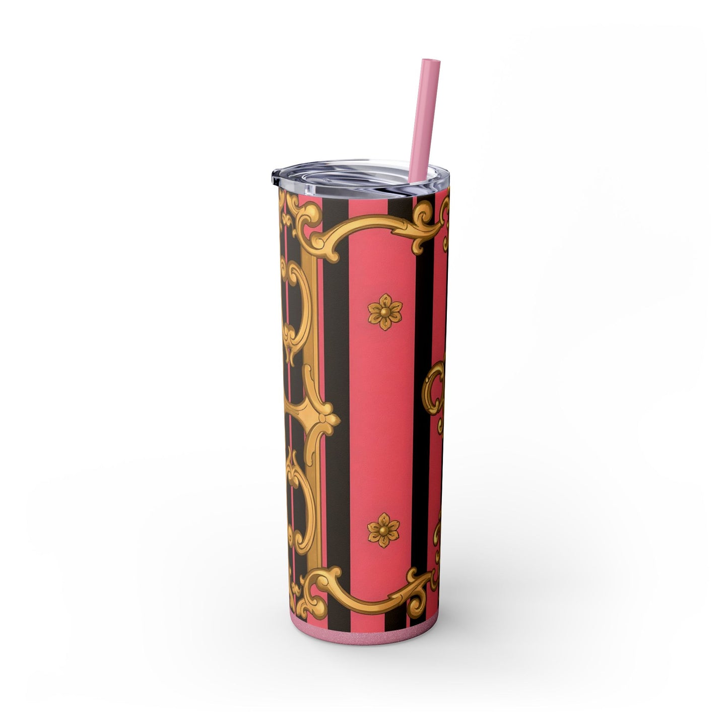 Chic Pink Striped Skinny Tumbler, 20oz | Elegant Travel Mug, Perfect Gift for Birthdays - Pink & Black Striped Gold Baroque