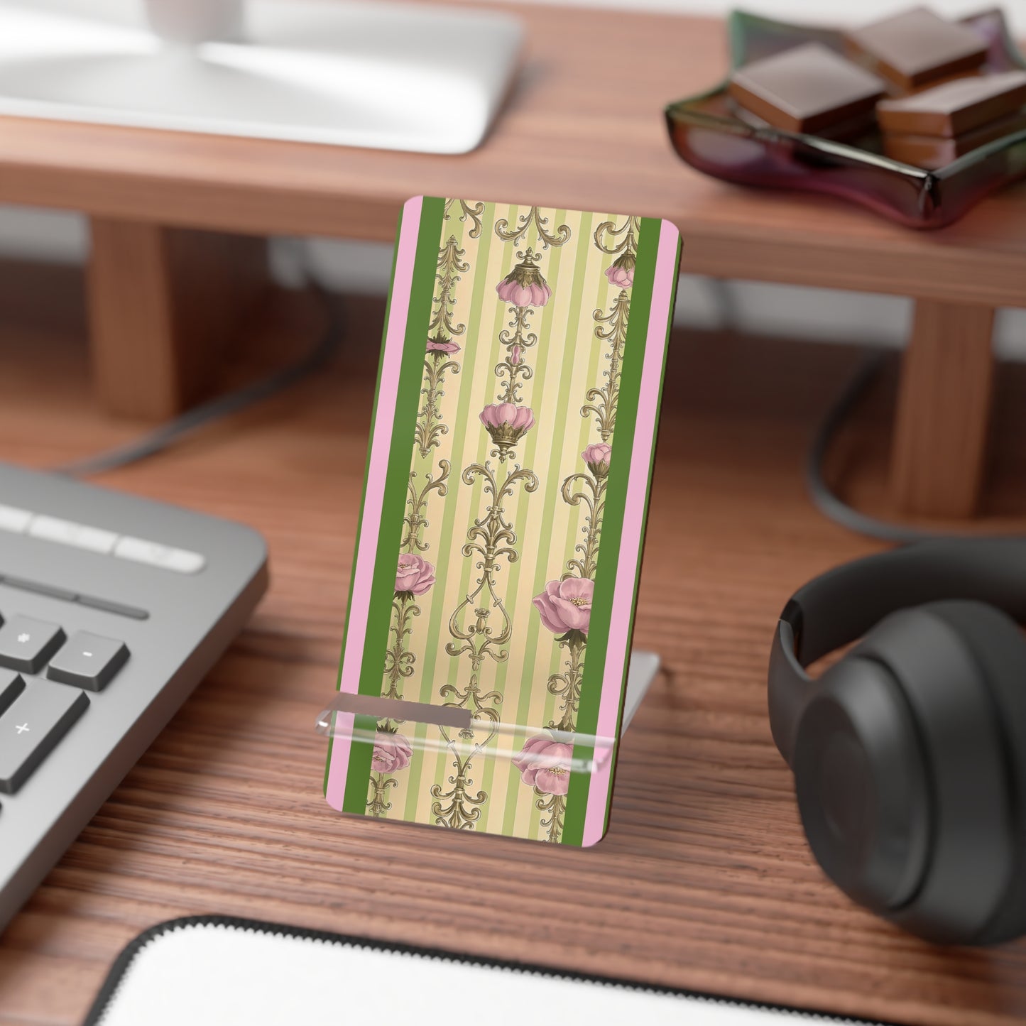 Elegant Floral Motif Smartphone Display Stand - Lime Green & Pink Striped Damask - Decorative Mobile Holder