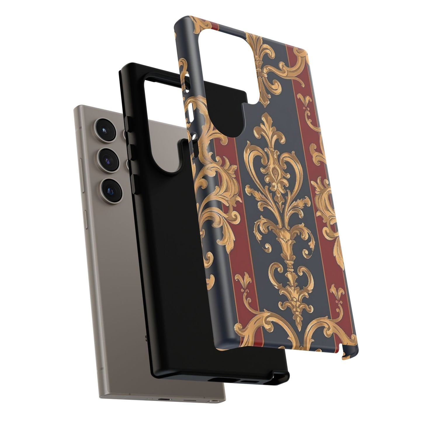 Elegant Floral Motif Phone Case - Tough Cases with Vintage Design - Midnight Blue & Dusk Red Striped Gold Damask