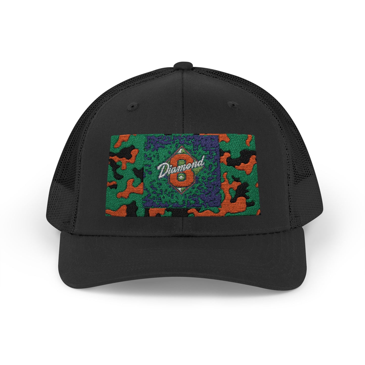 Colorful Camouflage Snapback Trucker Cap, Casual Hat, Outdoor Gear, Unisex Headwear, Gift for Him/Her - Green & Orange Camo Diamond 8
