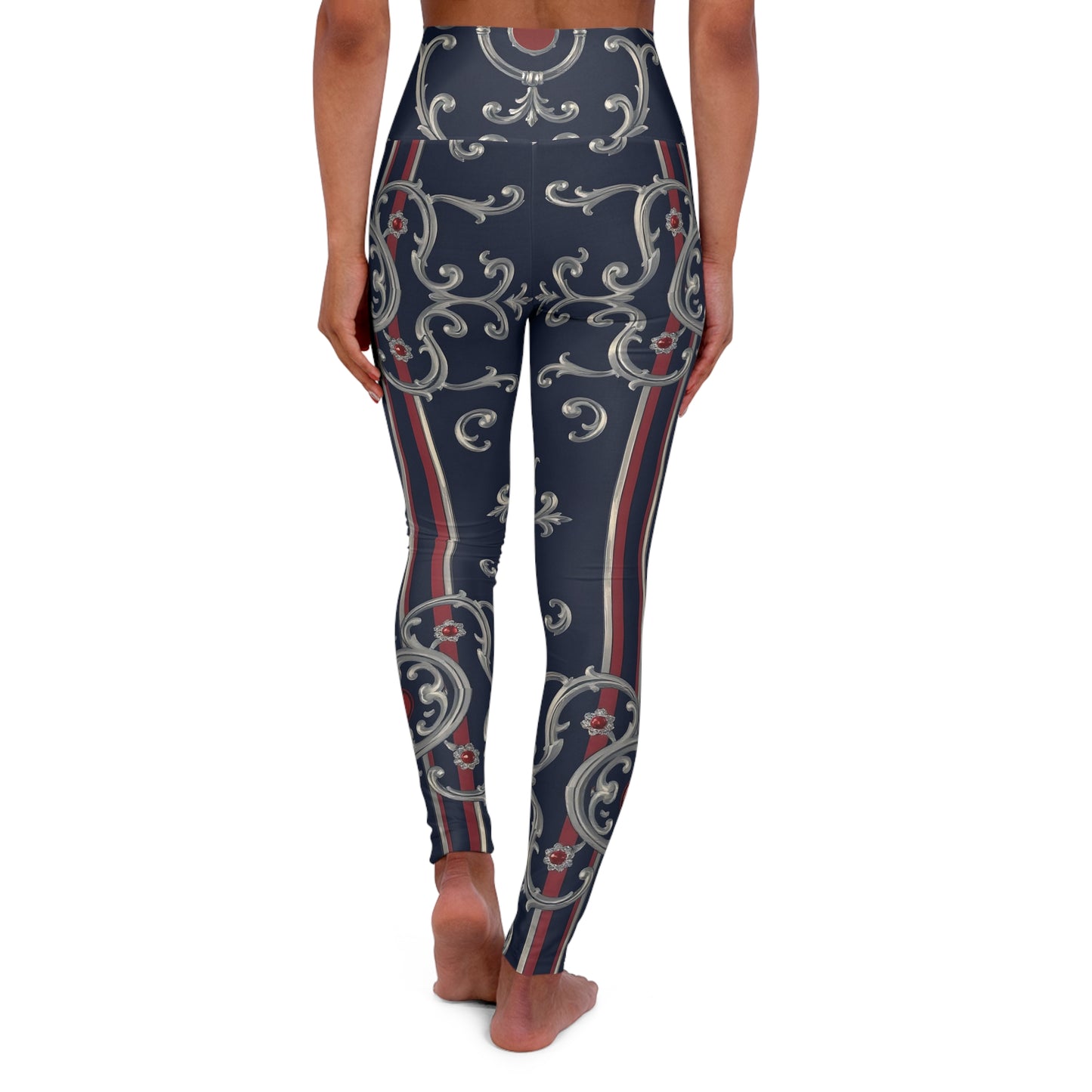 Stylish High Waisted Yoga Leggings, Comfortable Activewear, Fitness Gift, Leggings for Women, Trendy Sportswear - Blue & Red Striped Silver Baroque
