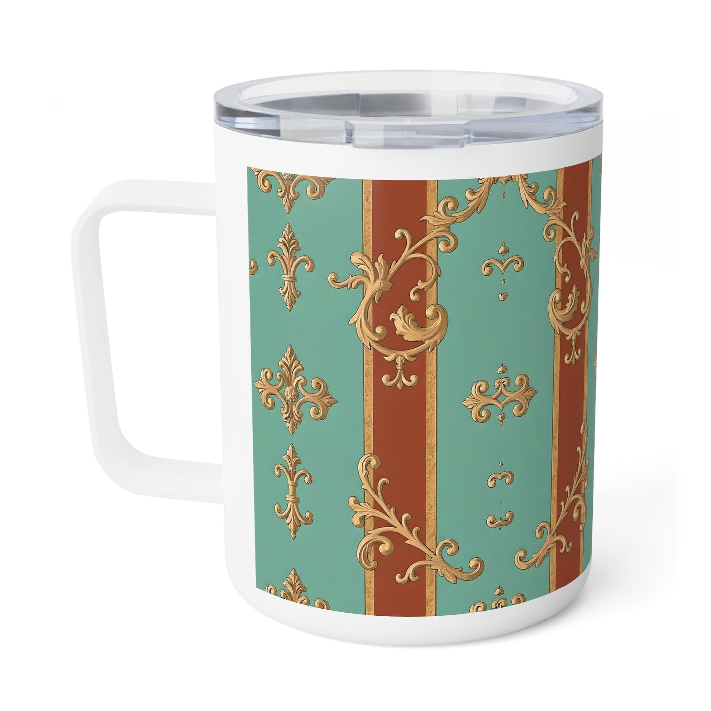 Elegant Vintage Insulated Coffee Mug - 10oz Ornate Design - Rust & Mint Aqua Striped Baroque
