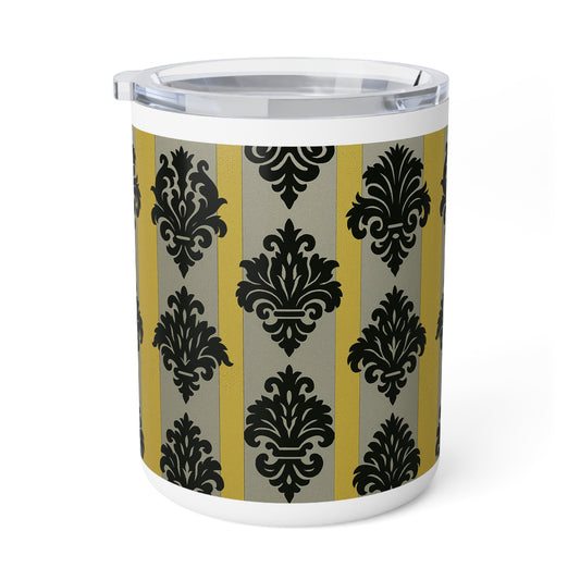 Elegant Insulated Coffee Mug, 10oz | Vintage Black and Gold Floral Design, Perfect for Gifts, Home Decor - Silver & Gold Striped Black Baroque