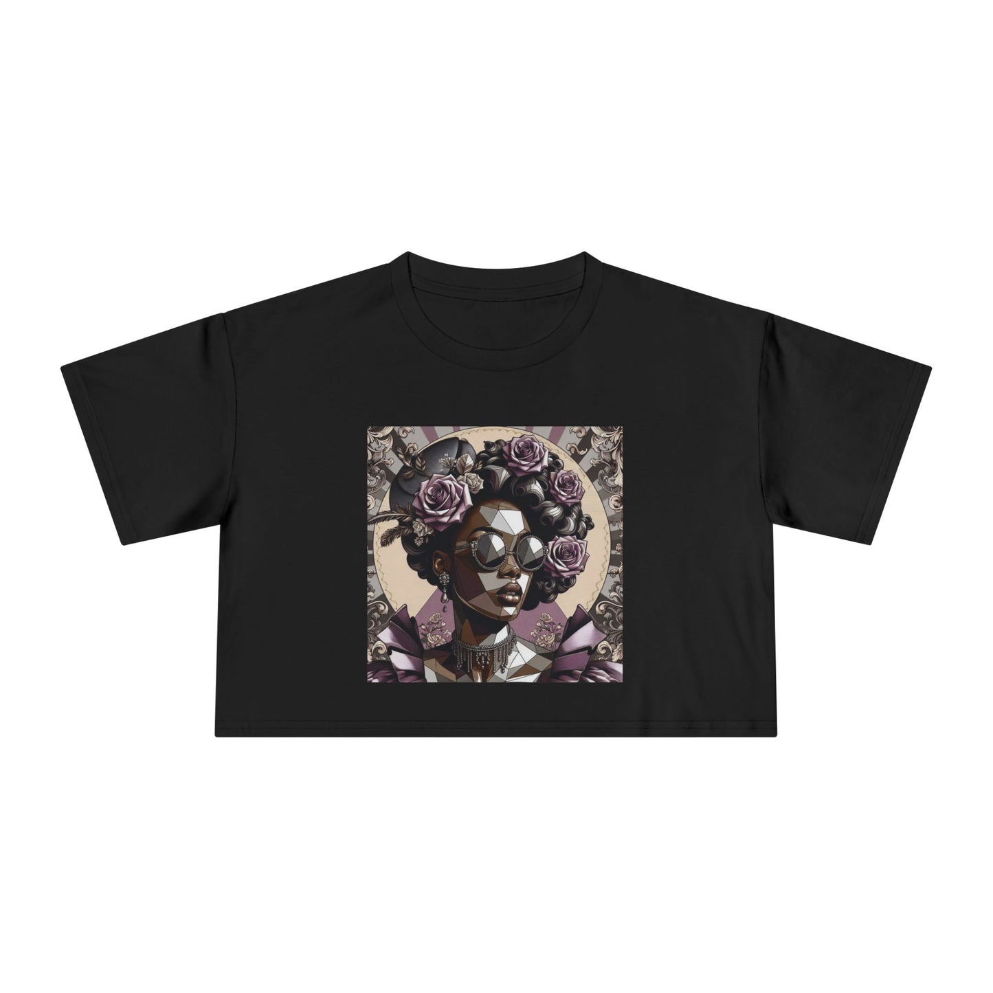 Poly Art Chic Women's Crop Tee - Floral Art Inspired Shirt, Casual Summer Wear, Festival Top, Vintage Style - Lilac Baroque Lady