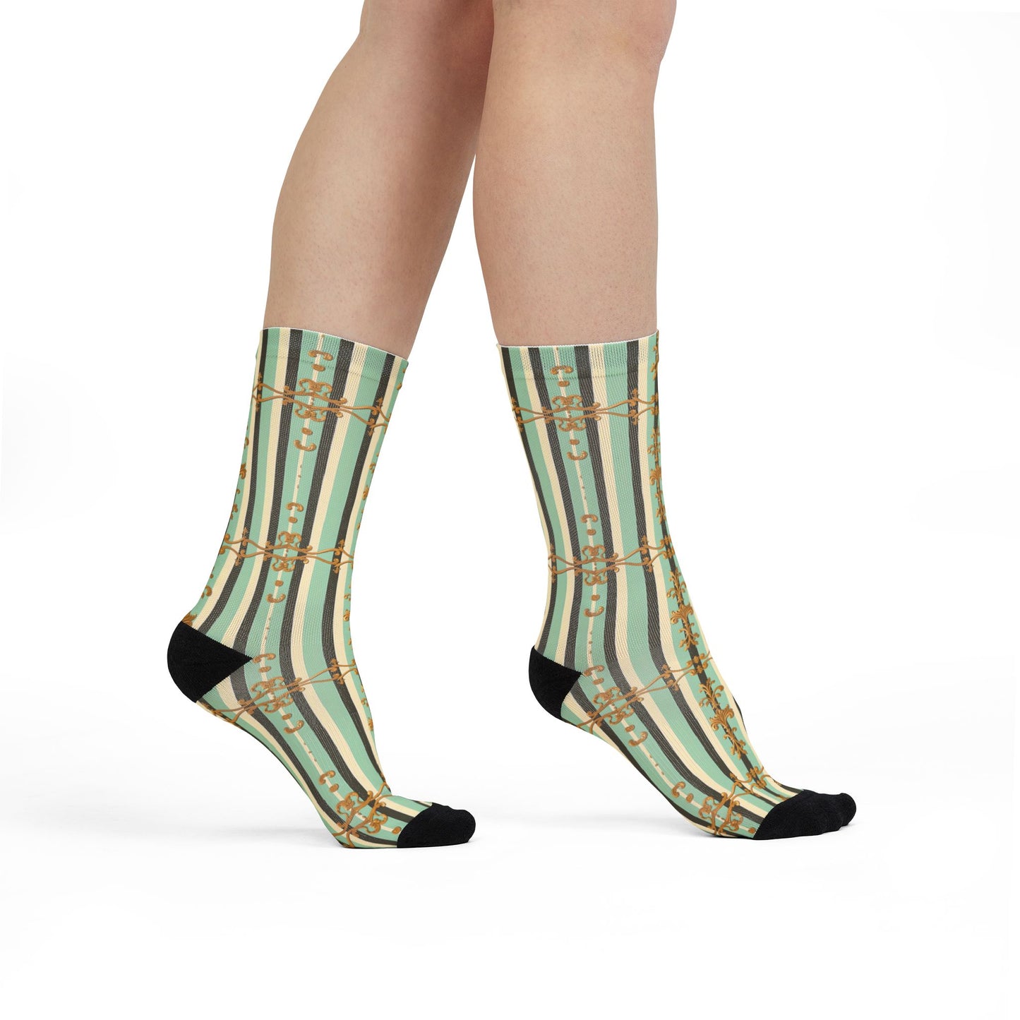 Chic Patterned Crew Socks | Cozy Stocking Stuffer, Trendy Gift, Fashion Accessory - Black & Matte Mint Striped Rococo