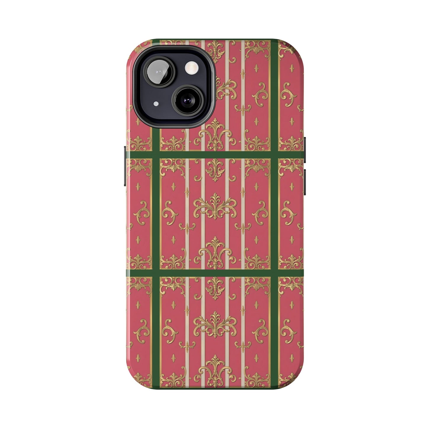 Elegant Green Border Pink Striped Baroque Phone Cases, Tough Phone Cases for Protection, Stylish Mobile Accessories, Gift for Her, Holiday Tech Gifts