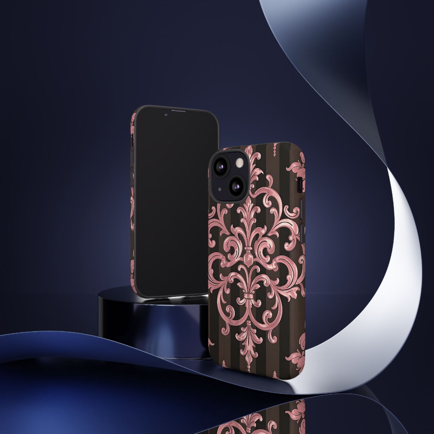 Elegant Floral Motif Phone Case - Tough Cases with Vintage Design - Brown Striped Mauve Damask