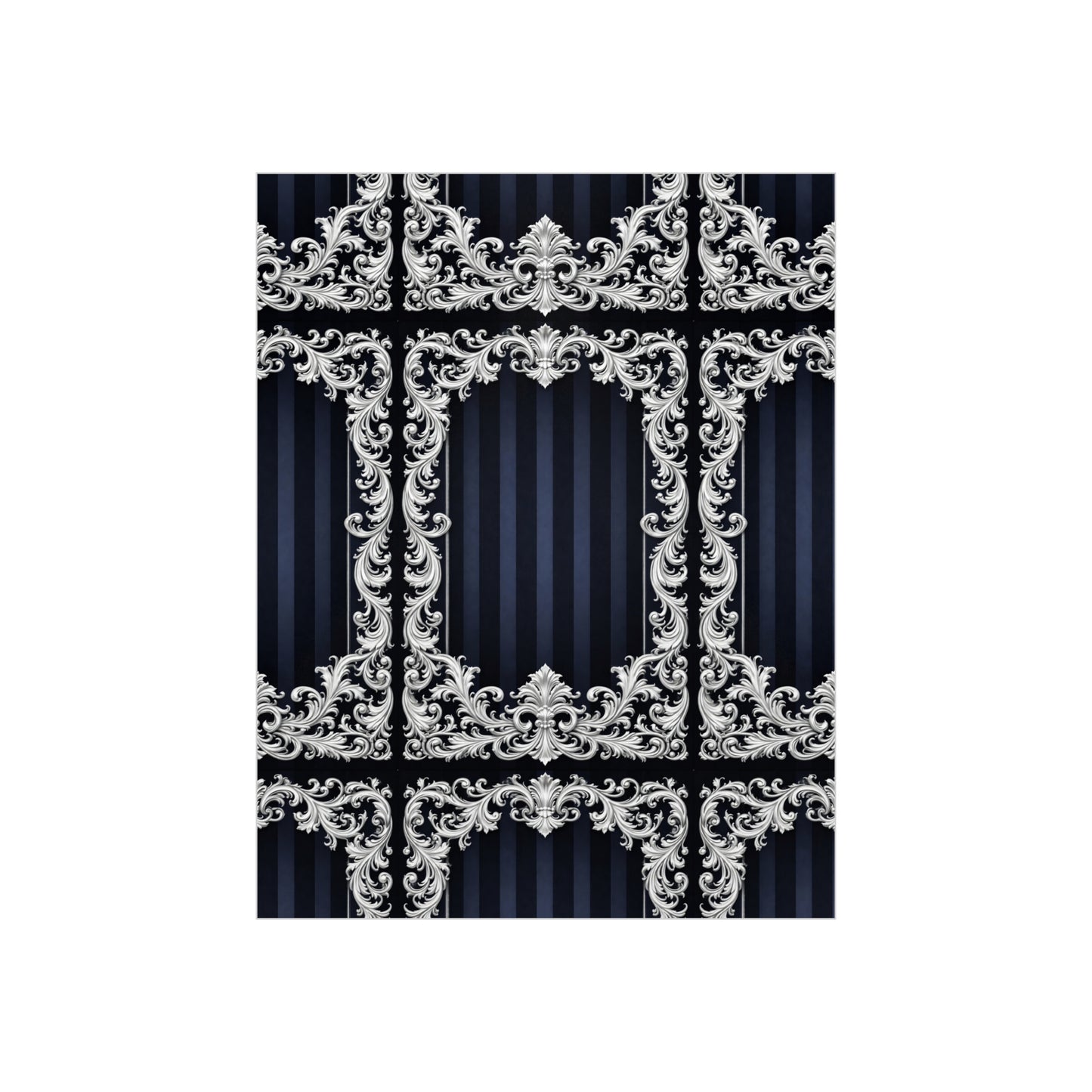Navy Stripes & Baroque Foam Board Backdrop — Ornate Silver Scroll Panel