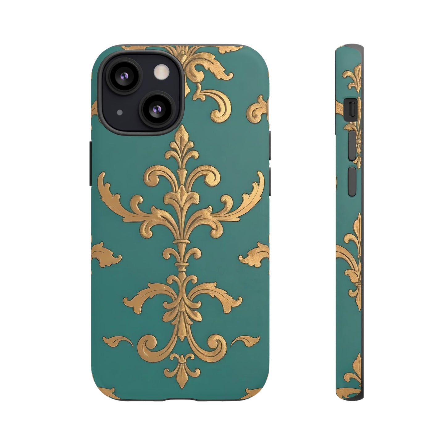 Elegant Floral Motif Phone Case - Tough Cases with Vintage Design - Aqua & Gold Damask