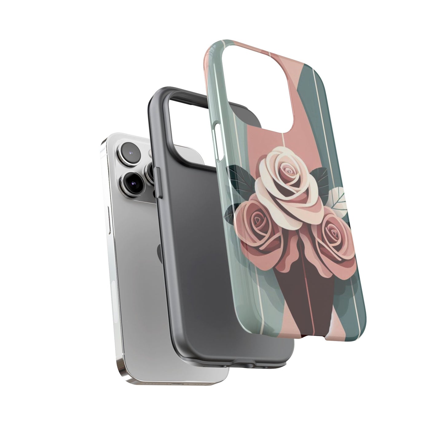 Phone Case - Burgundy, Matte Mauve & Teal Surfboard & Roses Design