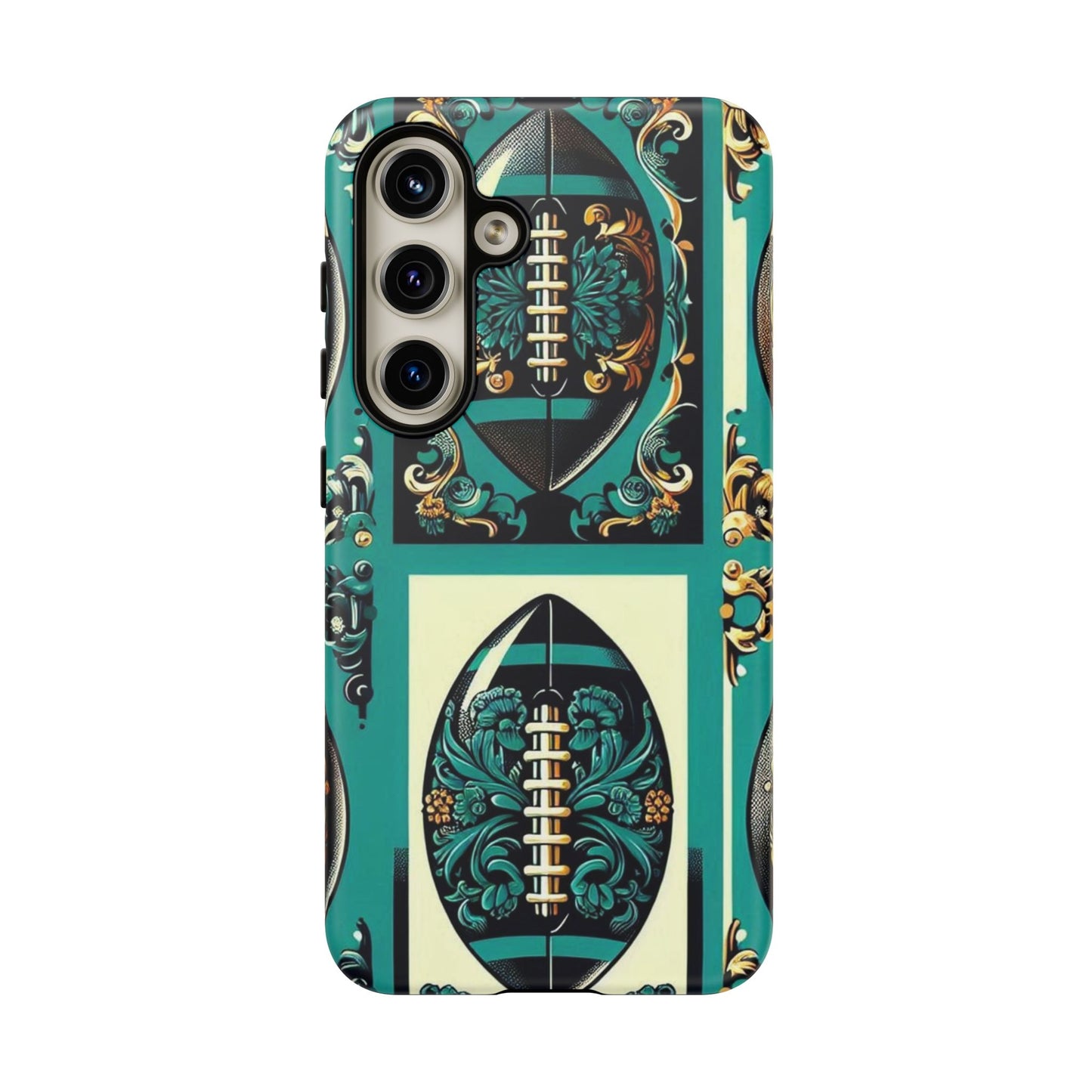 Elegant Floral Motif Phone Case - Tough Cases with Vintage Design -  Damask Teal, Gold & Black Footballs