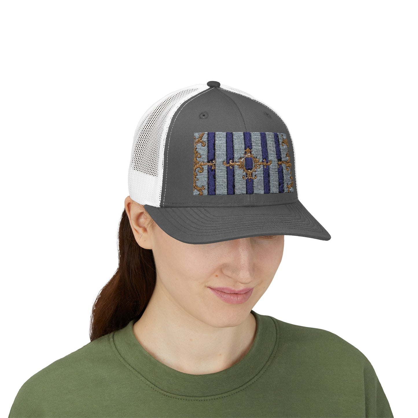 Stylish Snapback Trucker Cap with Vibrant Pattern, Trendy Hat for Outdoor Adventures, Casual Wear - Striped Gold Baroque