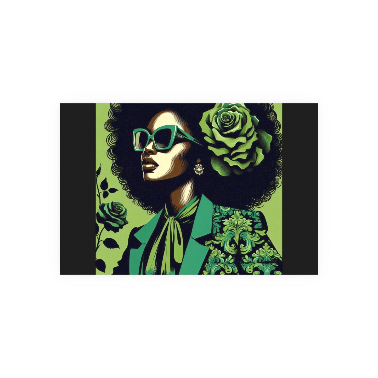 Chic Afrocentric Art Poster, Vibrant Wall Décor, Stylish Home Decoration, Damask Chic Art Print - Lady In Green Damask