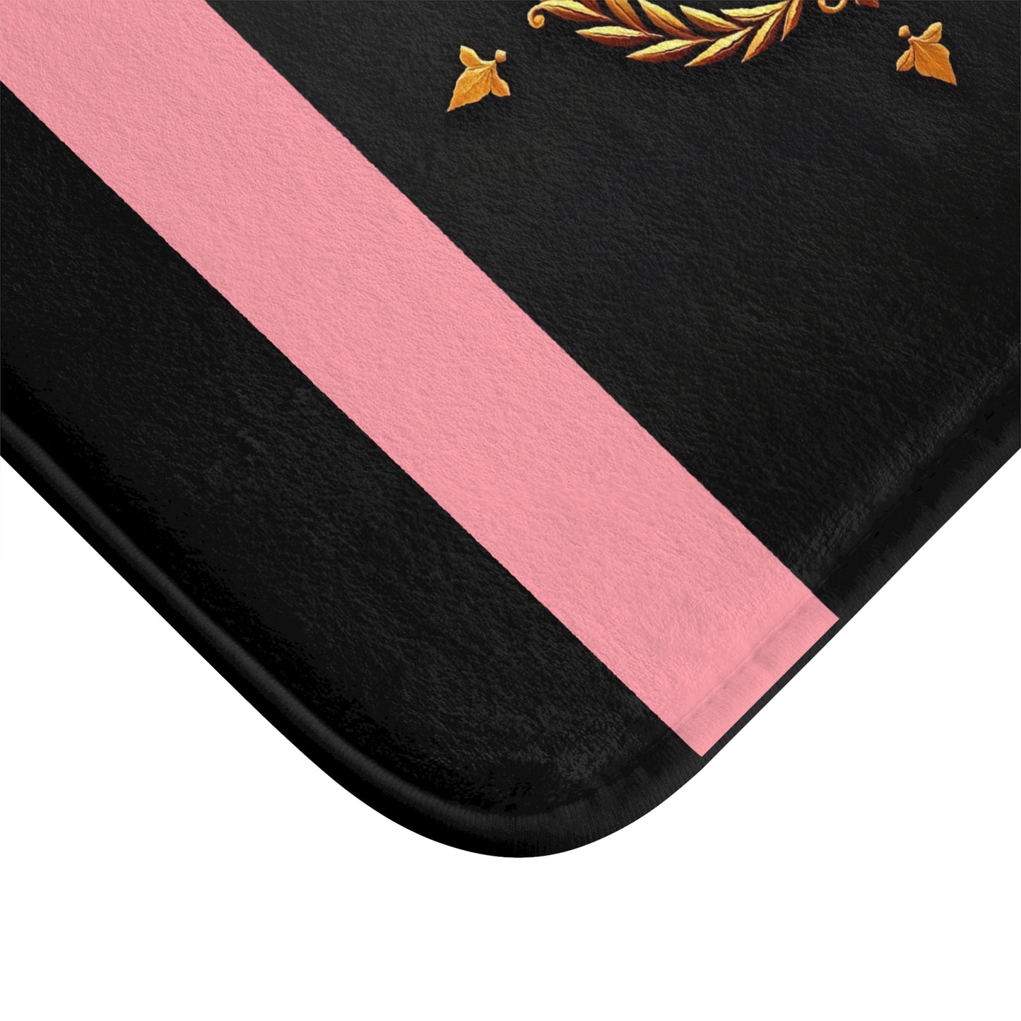 Chic Striped Bath Mat - Stylish Bathroom Decor, Luxury Bath Accessory, Trendy Home Style, Gift for Her, Self-Care Essentials - Pink Striped Gold Crest