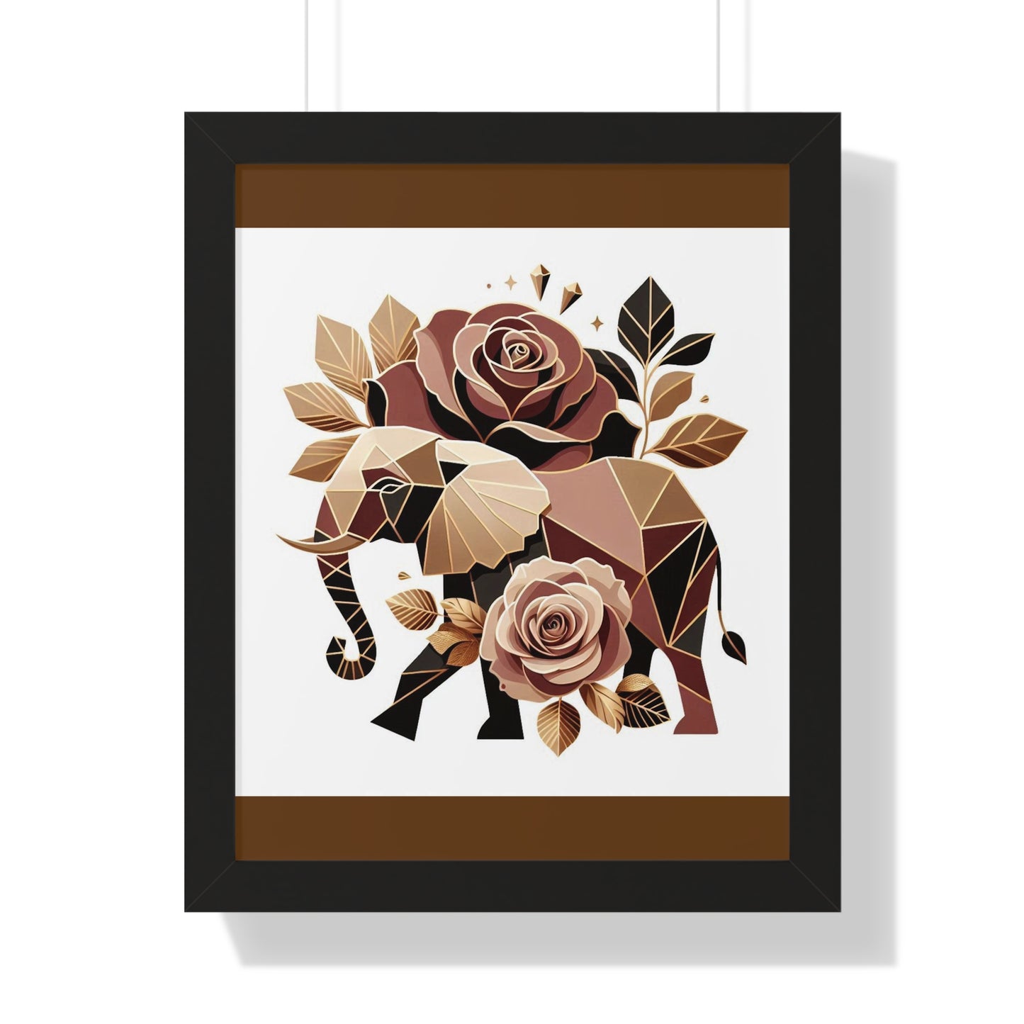 Vertical Poster - Brown & Gold Elephant & Roses Wall Art