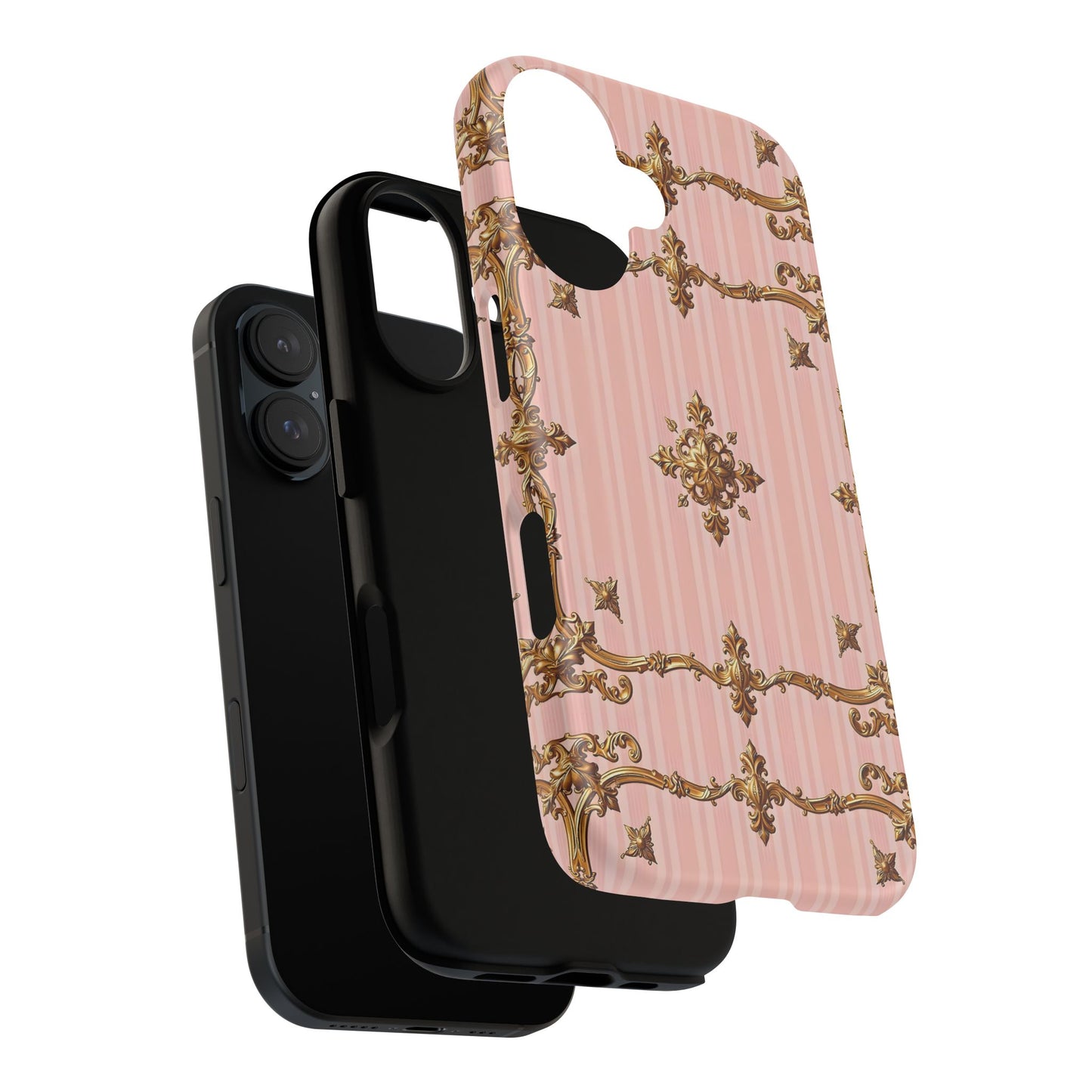 Elegant Floral Phone Case, Tough Cases for Women, Trendy Phone Cover, Chic Gift - Pink Striped Gold Baroque