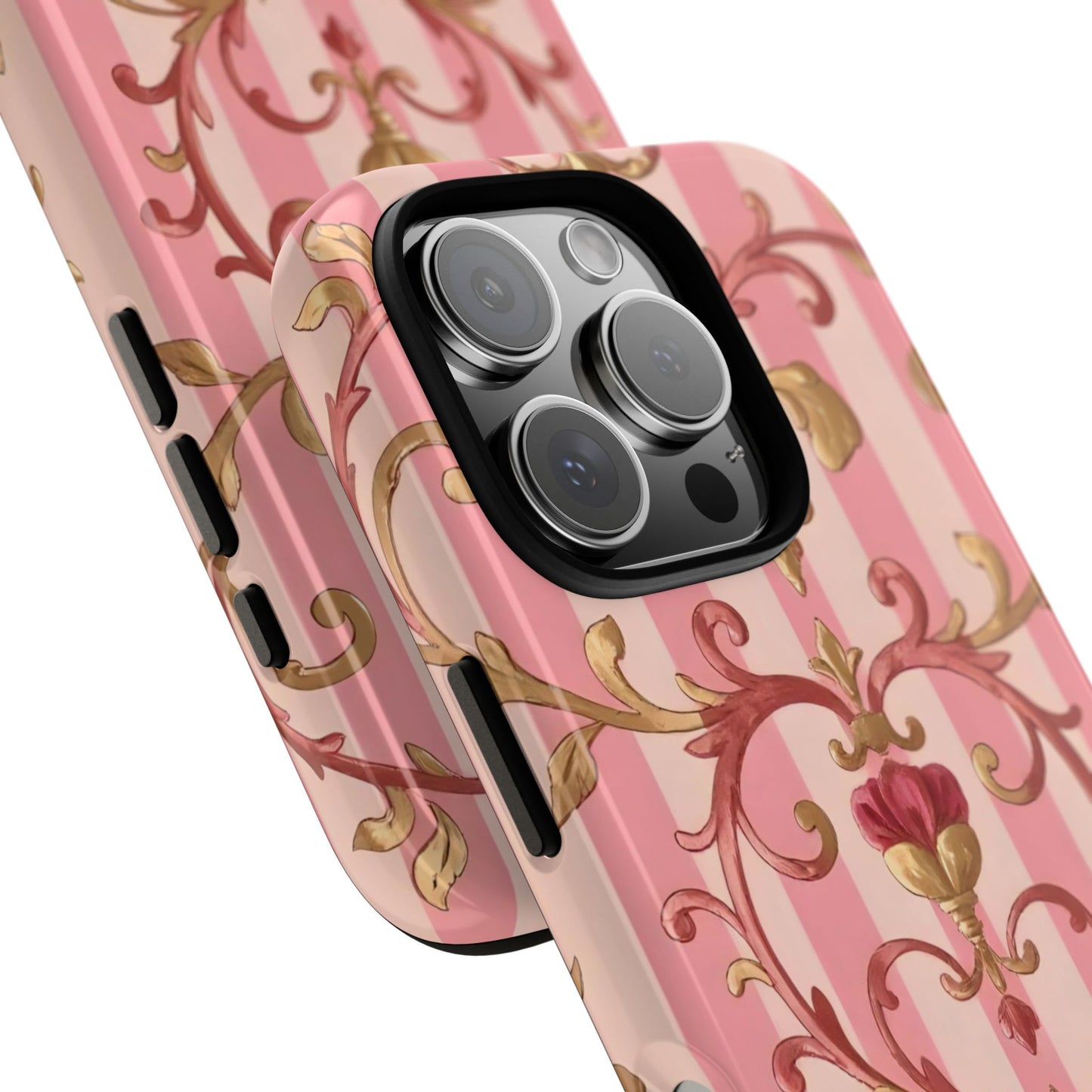 Elegant Floral Motif Phone Case - Tough Cases with Vintage Design - Pink Striped Rose Gold Damask