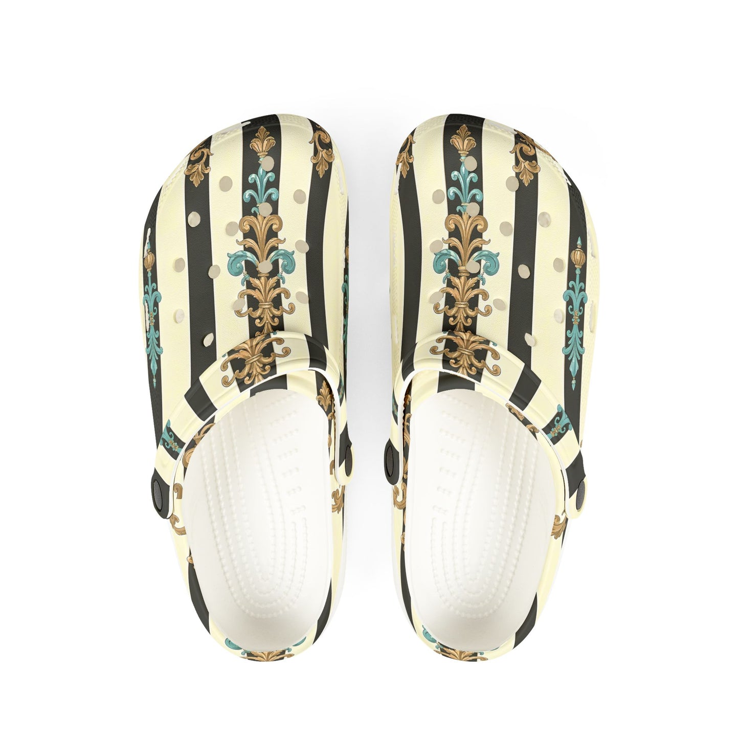 Stylish Floral EVA Foam Clogs – Comfortable & Durable Outdoor Footwear, Slip-On Comfort - Black Striped Turquoise & Black Rococo