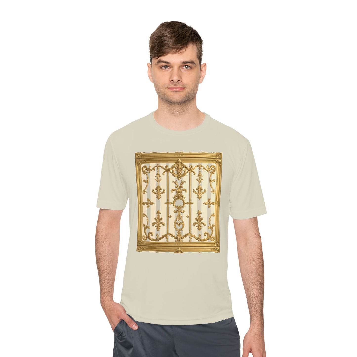 Elegant Gold Unisex Moisture Wicking Tee, Fashion Tee, Workout Shirt, Summer Style - Matte Gray & Cream Striped Gold Baroque