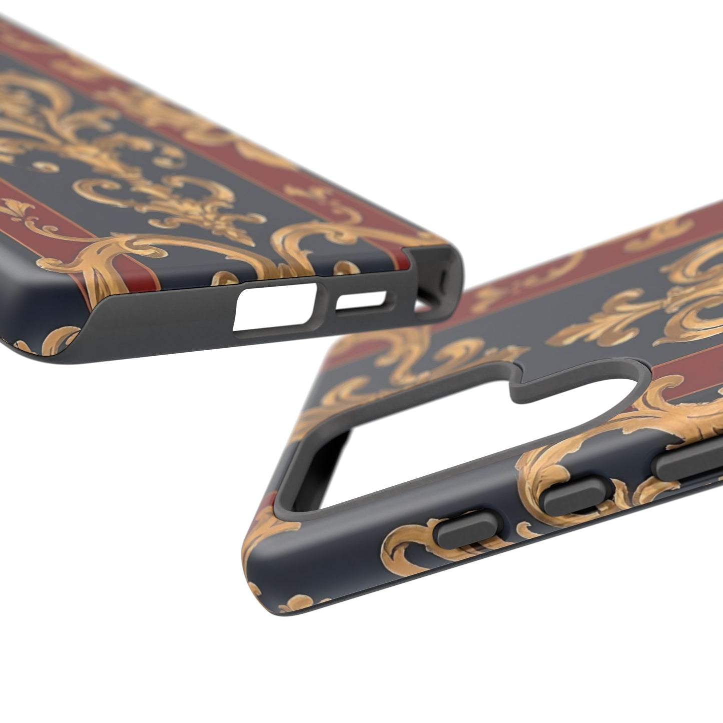 Elegant Floral Motif Phone Case - Tough Cases with Vintage Design - Midnight Blue & Dusk Red Striped Gold Damask
