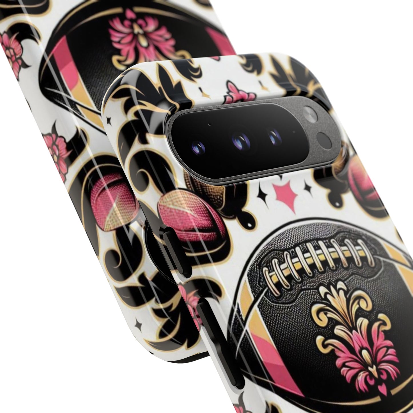 Elegant Floral Motif Phone Case - Tough Cases with Vintage Design - Damask White, Pink Gold & Black Football