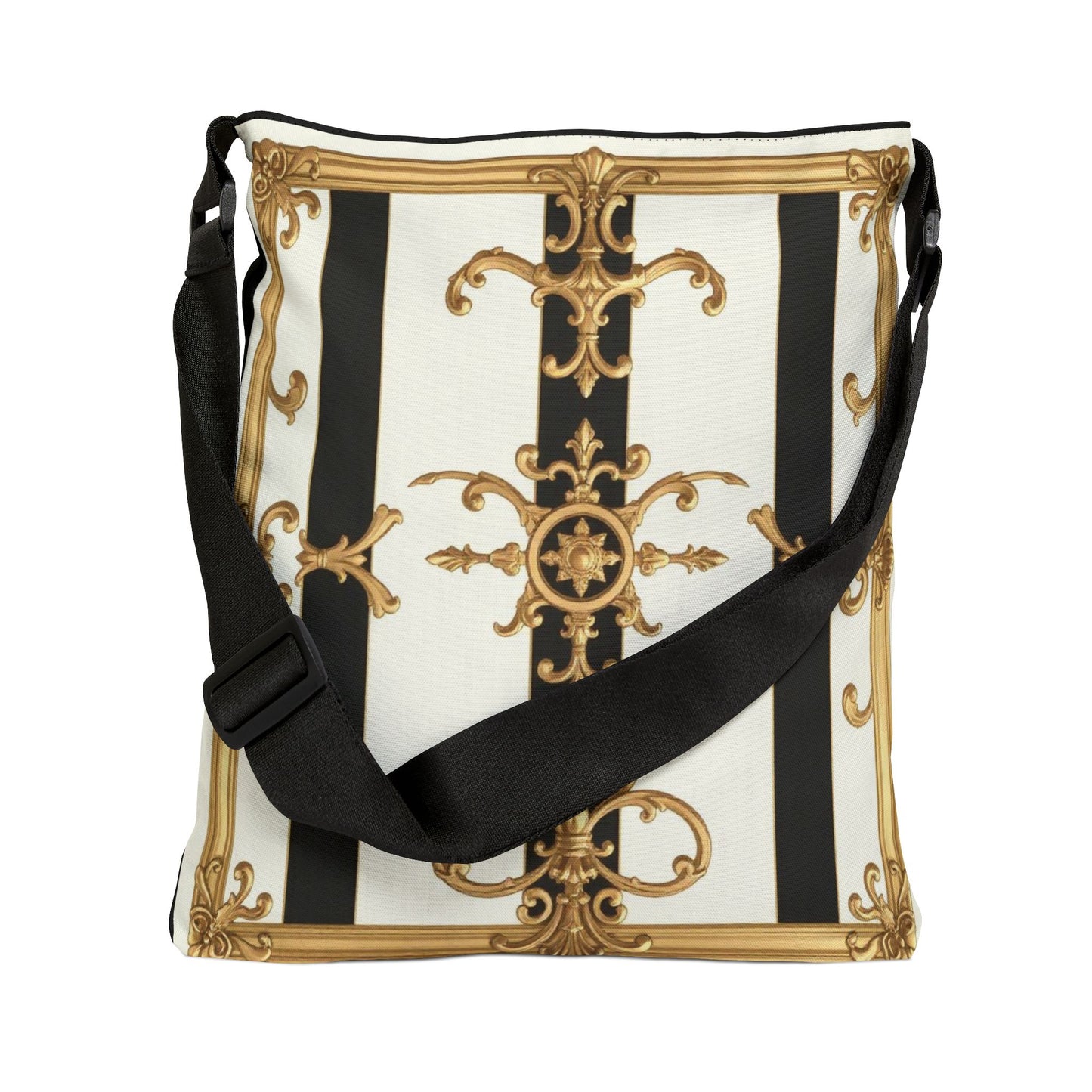 Elegant Vintage-Inspired Adjustable Tote Bag, Fashion Accessories, Daily Use, Gift for Her, Trendy Bag - Black & White Striped Gold Baroque