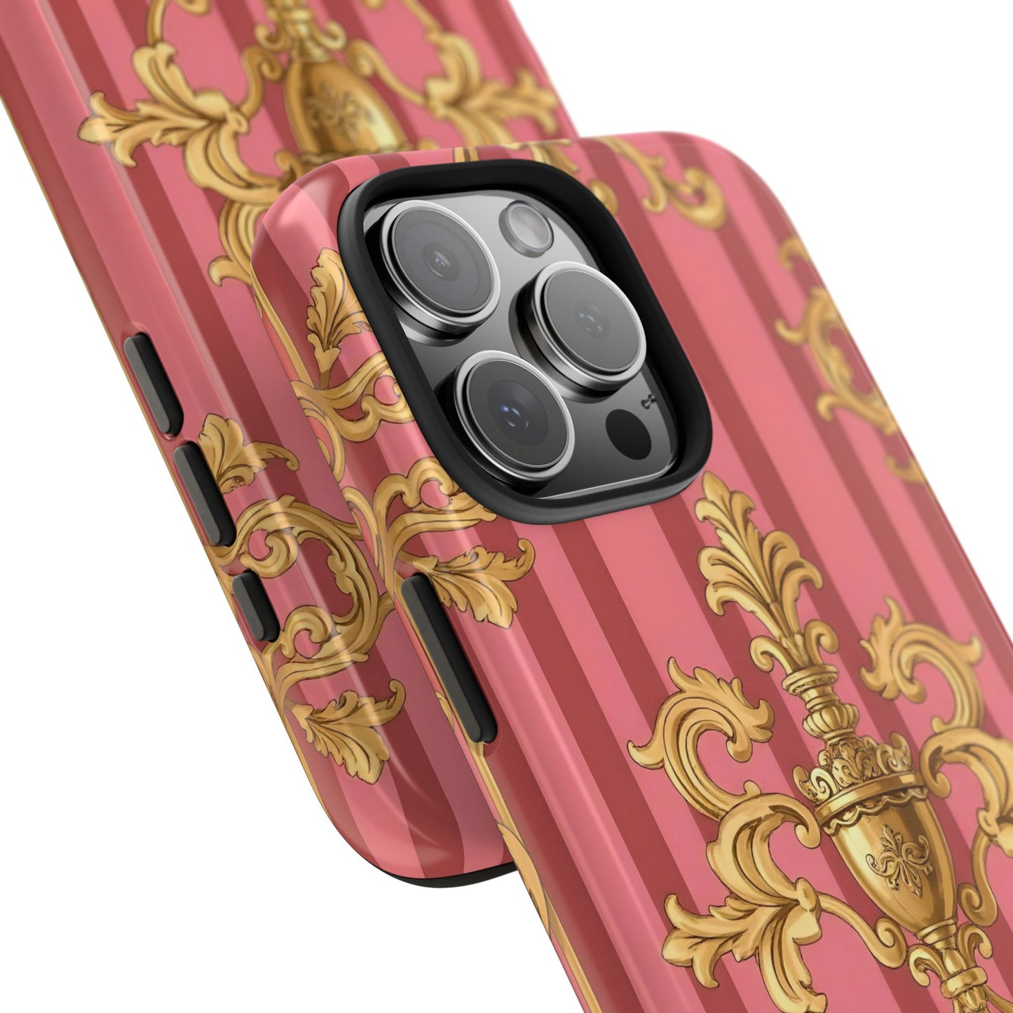 Elegant Baroque Tough Phone Cases, Durable Phone Cover, Stylish Accessory, Gift for Any Occasion - Pink Striped Gold Baroque