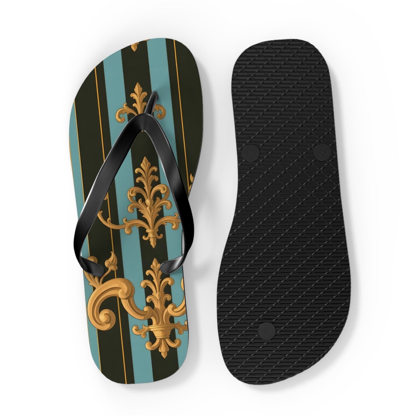 Elegant Striped Flip Flops, Stylish Beach Sandals, Summer Footwear, Vacation Essentials - Black & Turquoise Striped Baroque