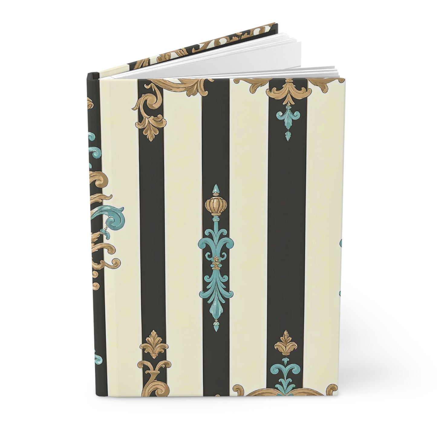 Elegant Striped Hardcover Journal, Stylish Notebook, Floral Pattern, Gift for Writers, Journal for Women - Black Striped Turquoise & Black Rococo
