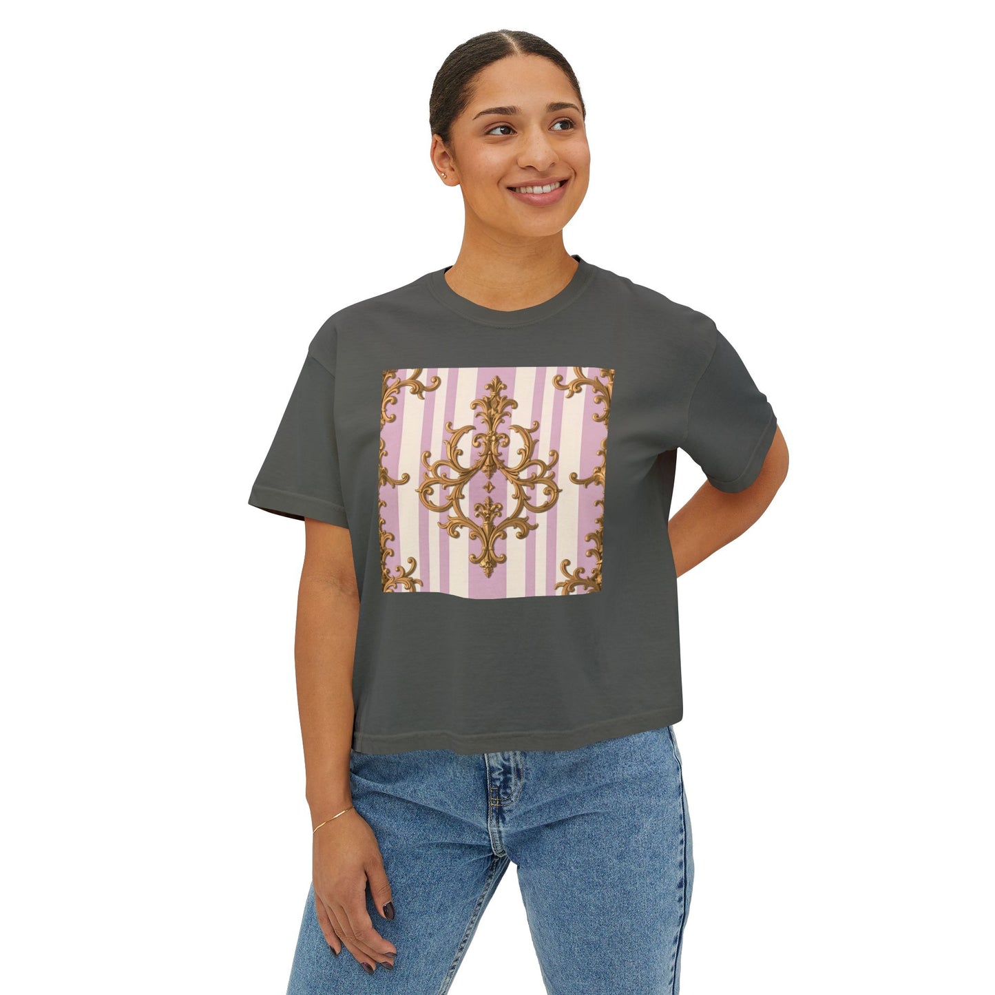 Chic Baroque Women's Boxy Tee, Stylish Cropped T-Shirt, Casual Top, Summer Boxy Tee, Baroque Print Shirt - Lilac & Alabaster Striped Gold Baroque