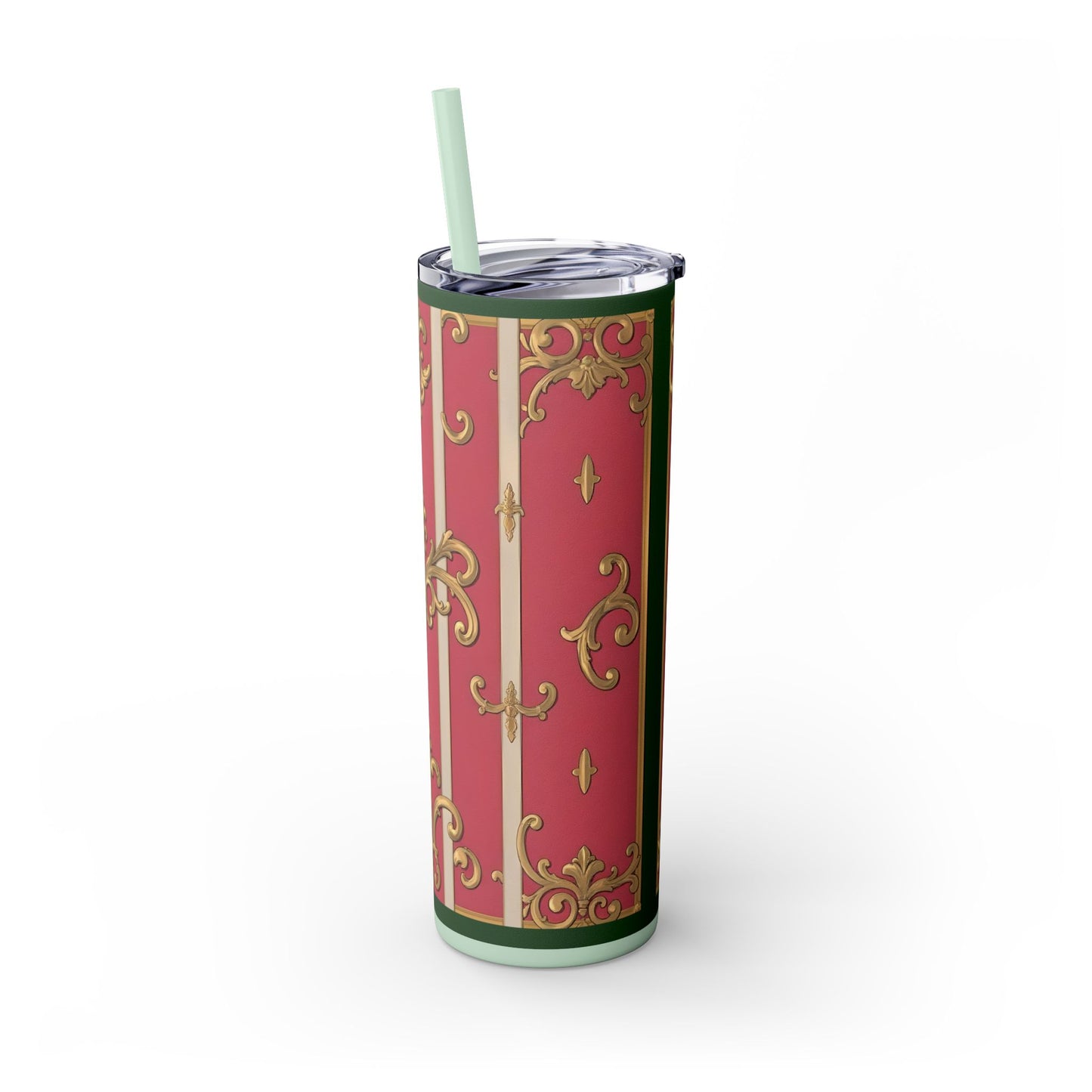 Elegant Green Border Pink Striped Baroque Skinny Tumbler with Straw, Reusable Travel Mug, Gift for Her, Fashionable Drinkware