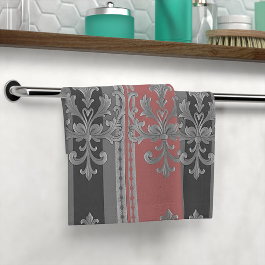 Elegant Floral Design Face Towel - Stylish and Luxurious Bathroom Accessory - Gray & Mauve Striped Baroque