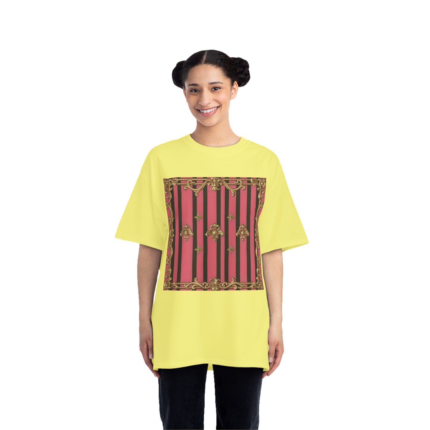 Elegant Baroque Short-Sleeve T-Shirt - Artistic Fashion, Graphics Tee, Unique Gift, Stylish Apparel, Casual Wear - Pink Striped Gold Rococo