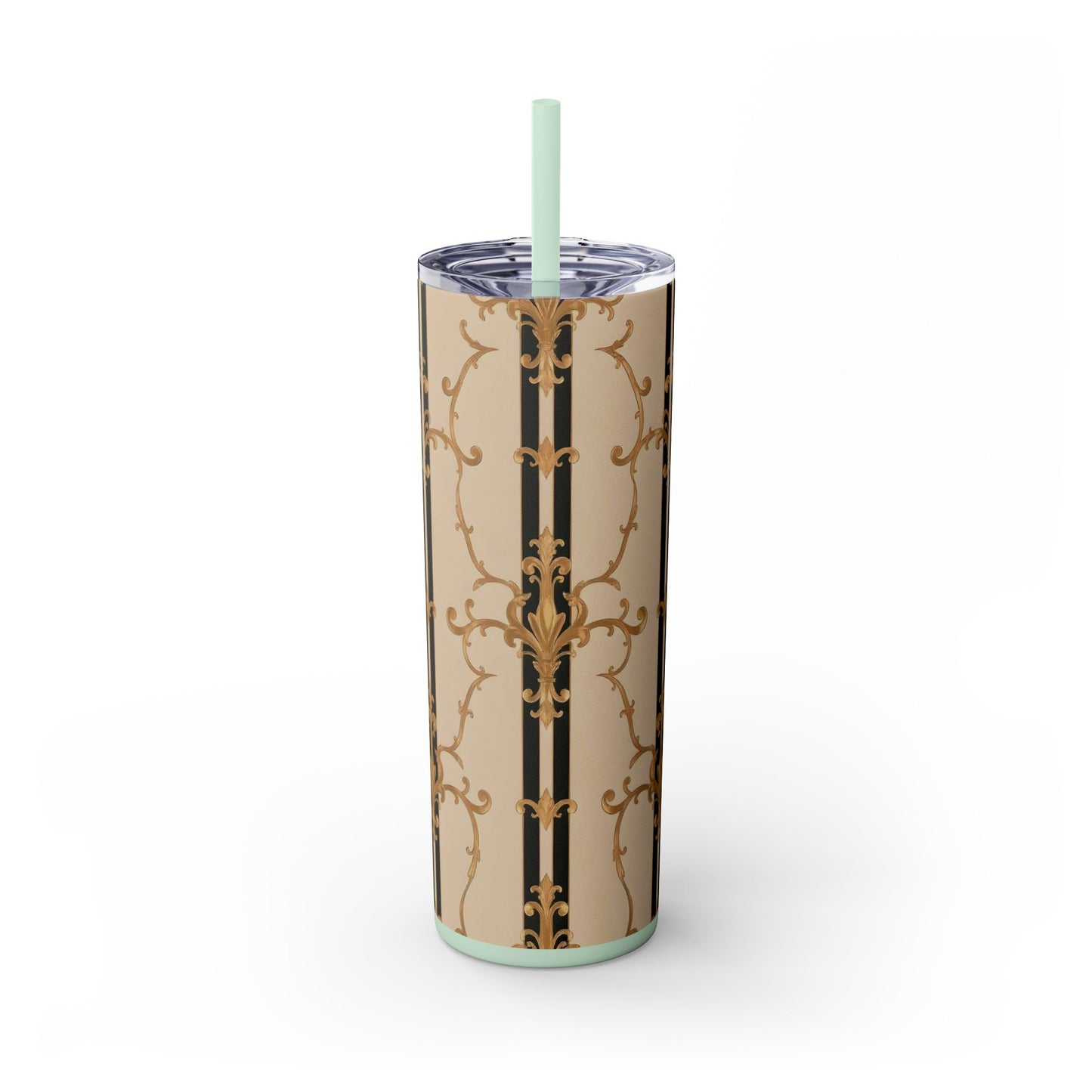 Elegant Gold Patterned Skinny Tumbler with Straw, 20oz | Stylish Travel Mug, Gift for Her, Fancy Drinkware - Black & Beige Striped Damask
