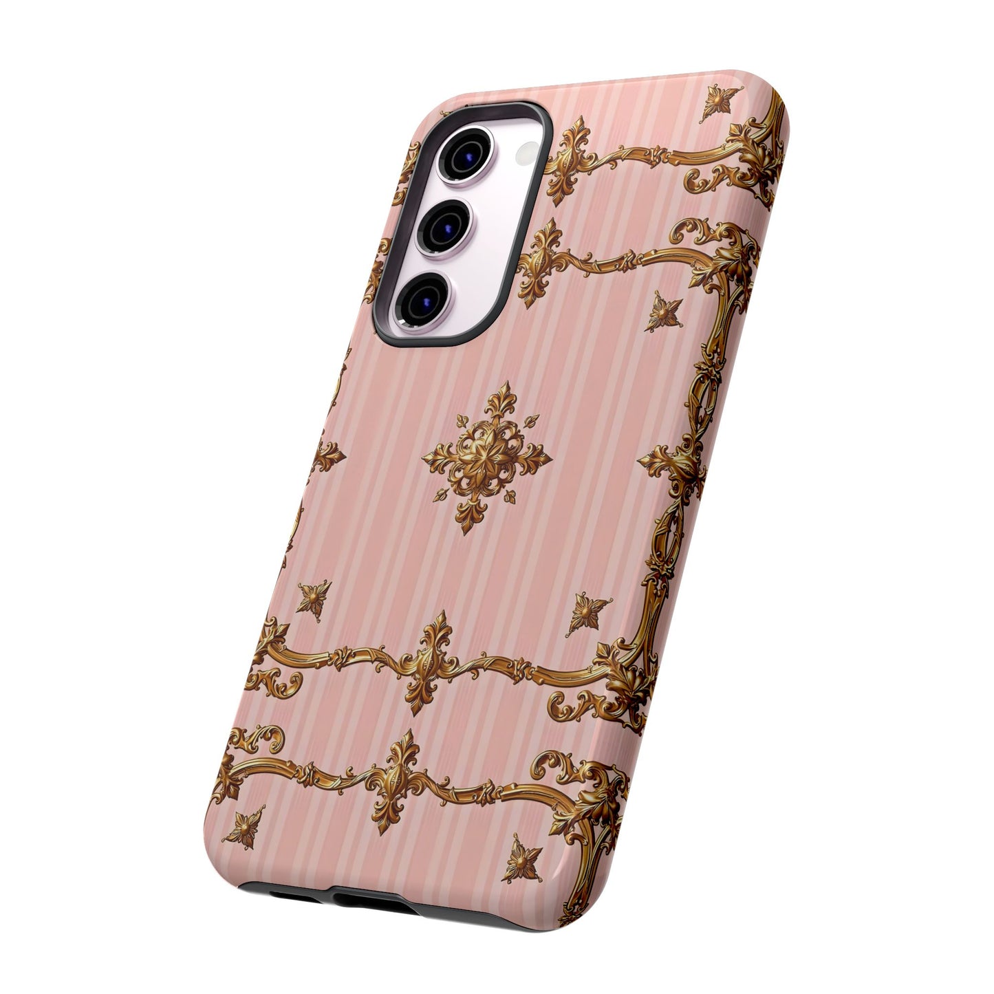 Elegant Floral Phone Case, Tough Cases for Women, Trendy Phone Cover, Chic Gift - Pink Striped Gold Baroque