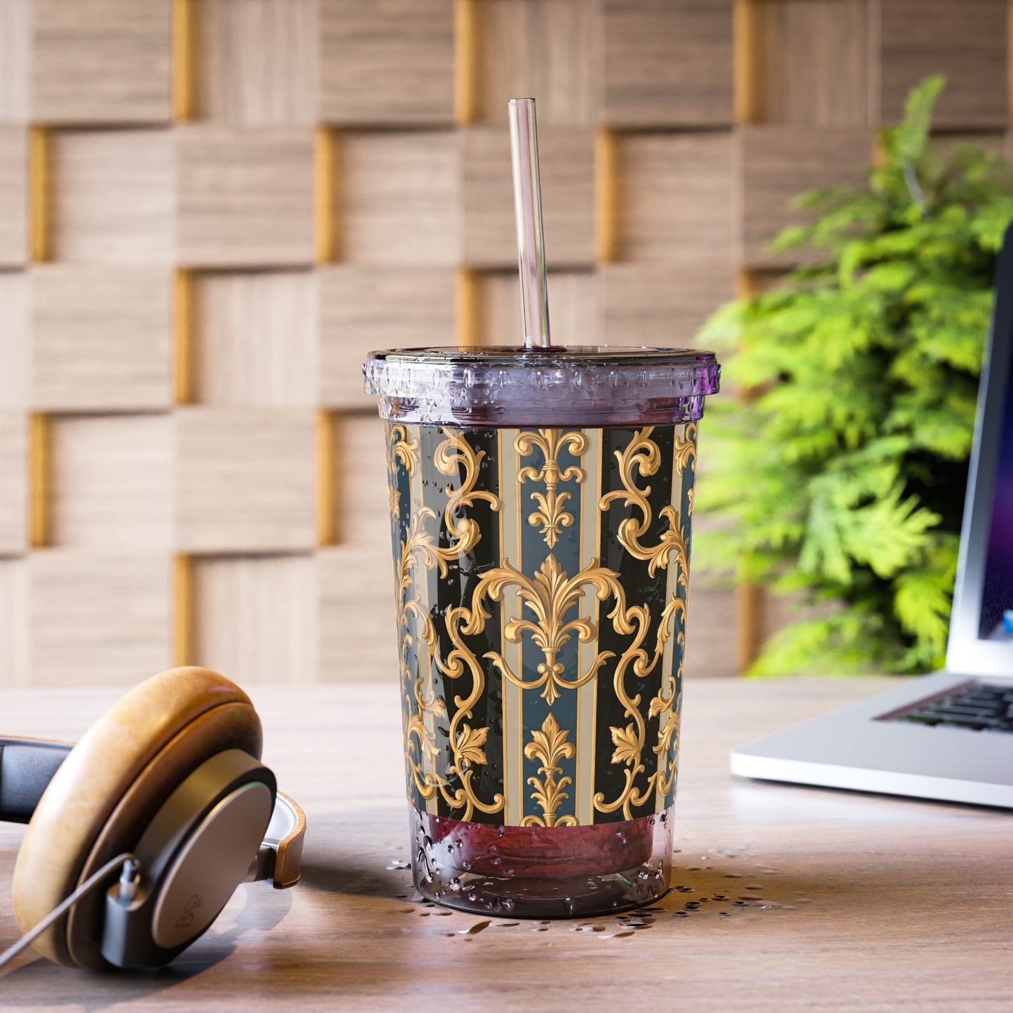 Ornate Acrylic Cup, Elegant Drinkware for Parties, Home Decor, Personalized Gift, Travel Tumbler - Blue & Black Striped Rococo
