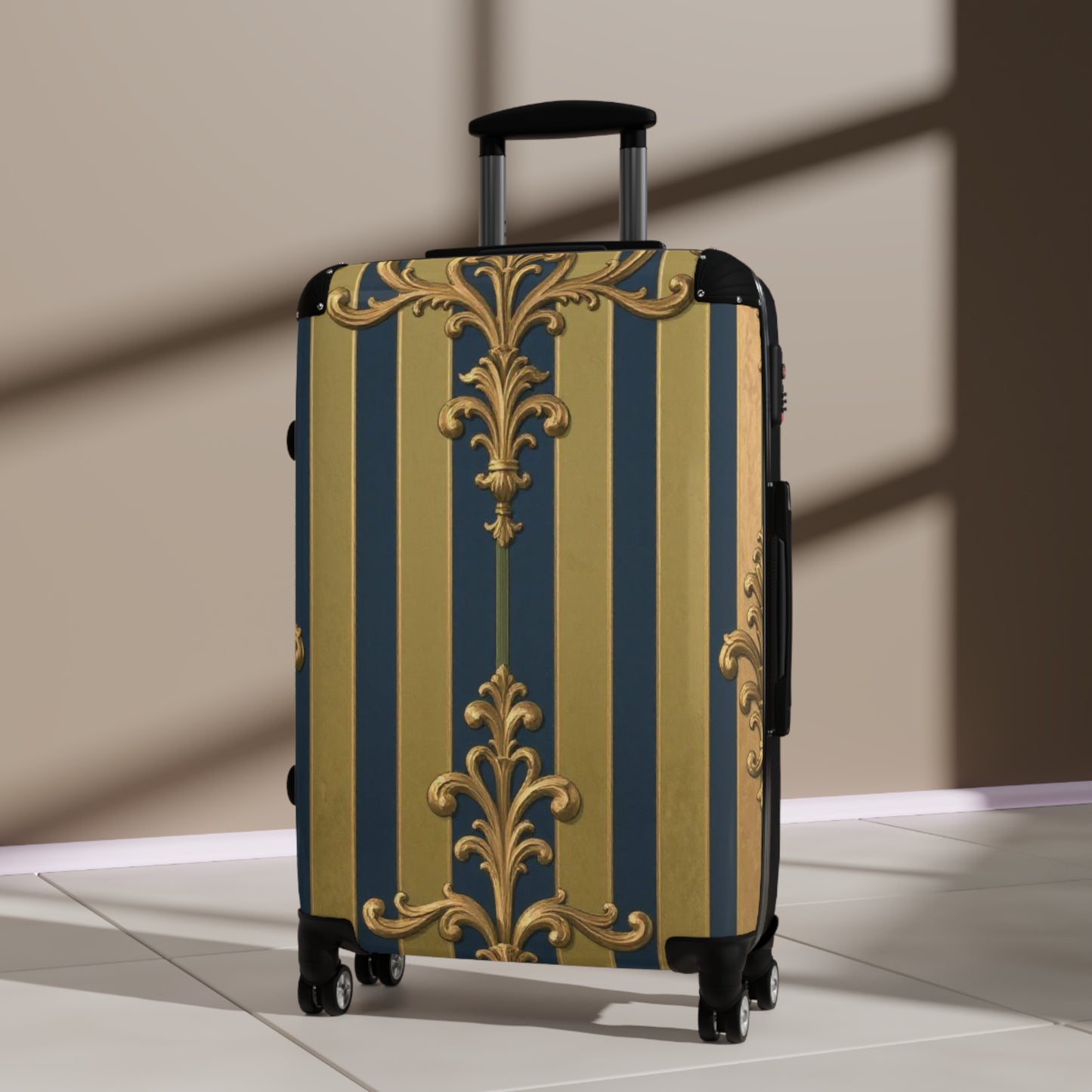 Elegant Midnight Blue & Olive Striped Gold Baroque Travel Suitcase, Chic Luggage for Stylish Travelers, Fashionable Overnight Bag, Luxury Baggage
