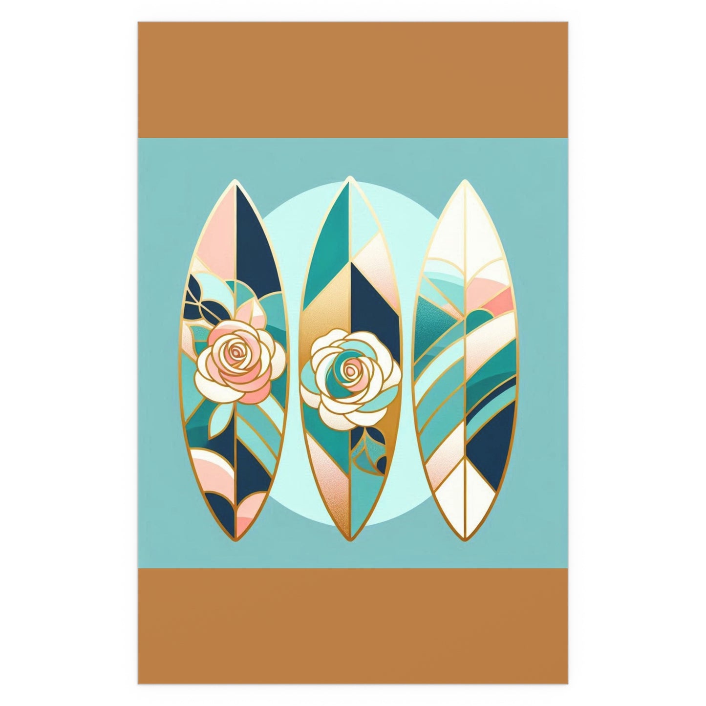 Elegant Floral Silk Poster - Indoor/Outdoor Wall Art for Home Decor - Blue, Pink & Aqua Surfboard & Roses